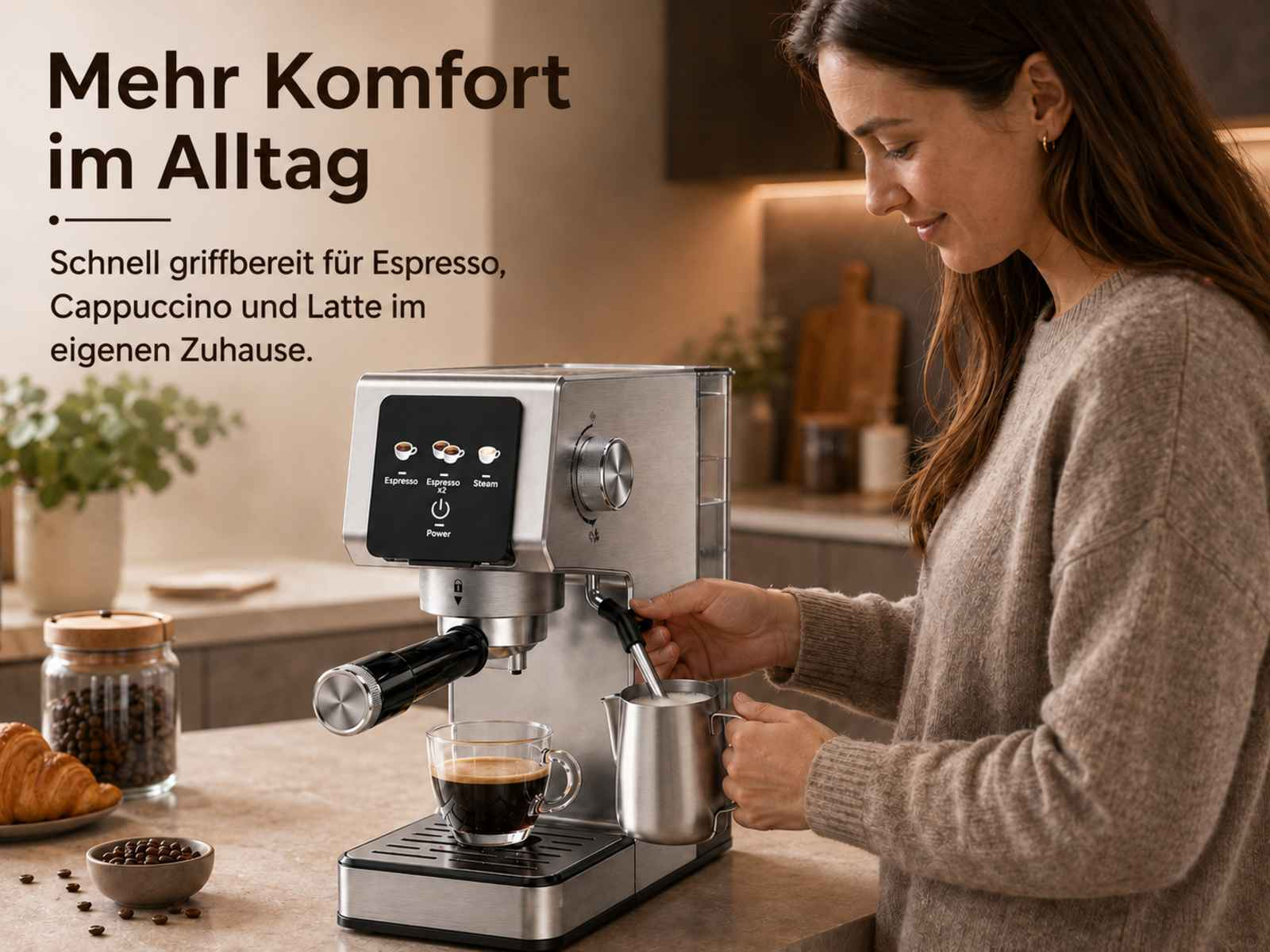 Eine Frau bereitet Kaffee mit einer Espressomaschine zu, Milch wird aufgeschäumt.