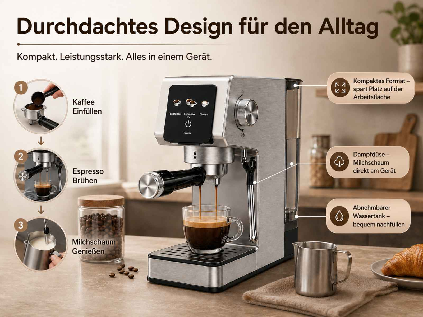 Eine silberne Espressomaschine mit drei Schritten: Kaffee einfüllen, Espresso brühen, Milchschaum genießen.