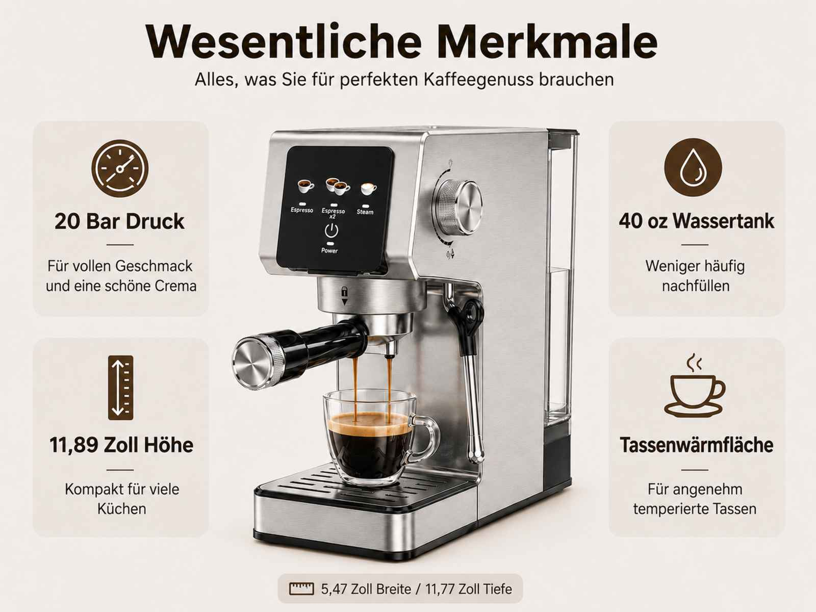 Eine silberne Espressomaschine mit einem Glas Espresso, daneben Merkmale wie 20 Bar Druck.