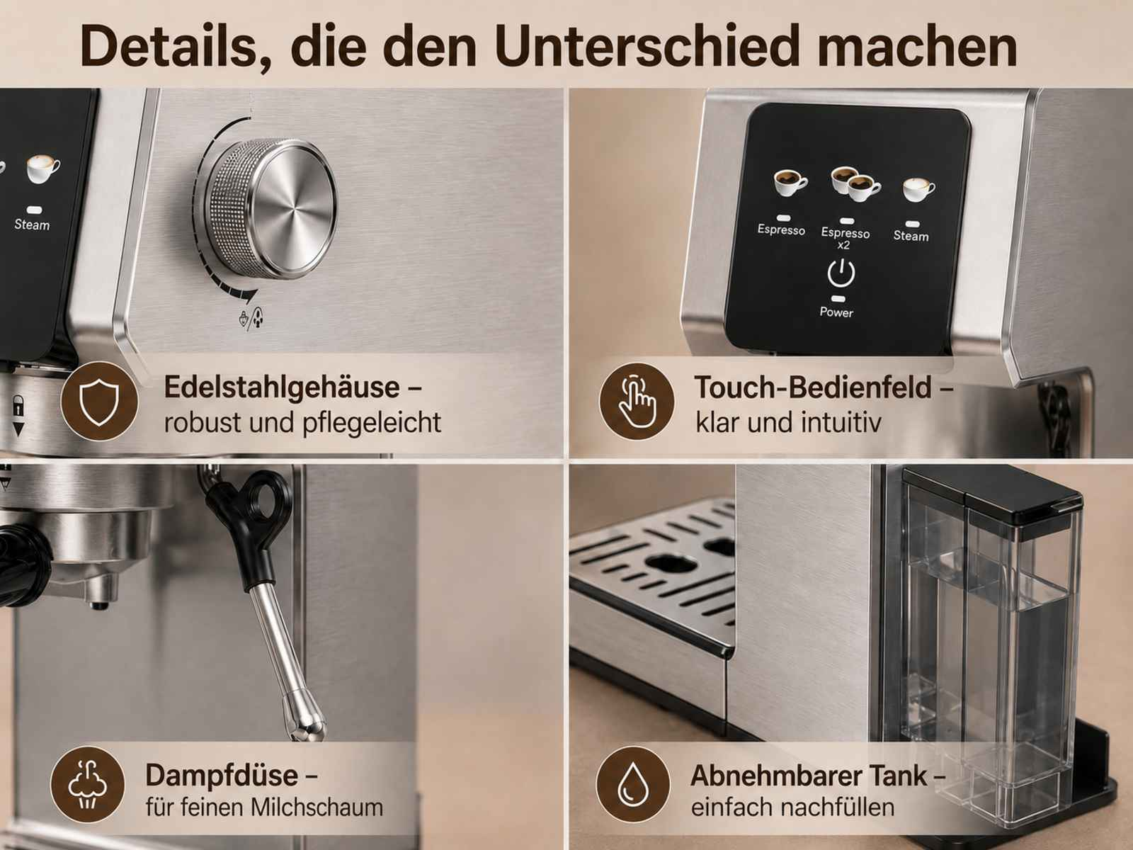 Kaffeemaschine mit Edelstahldetails, Touch-Bedienfeld, Dampfdüse und abnehmbarem Tank.