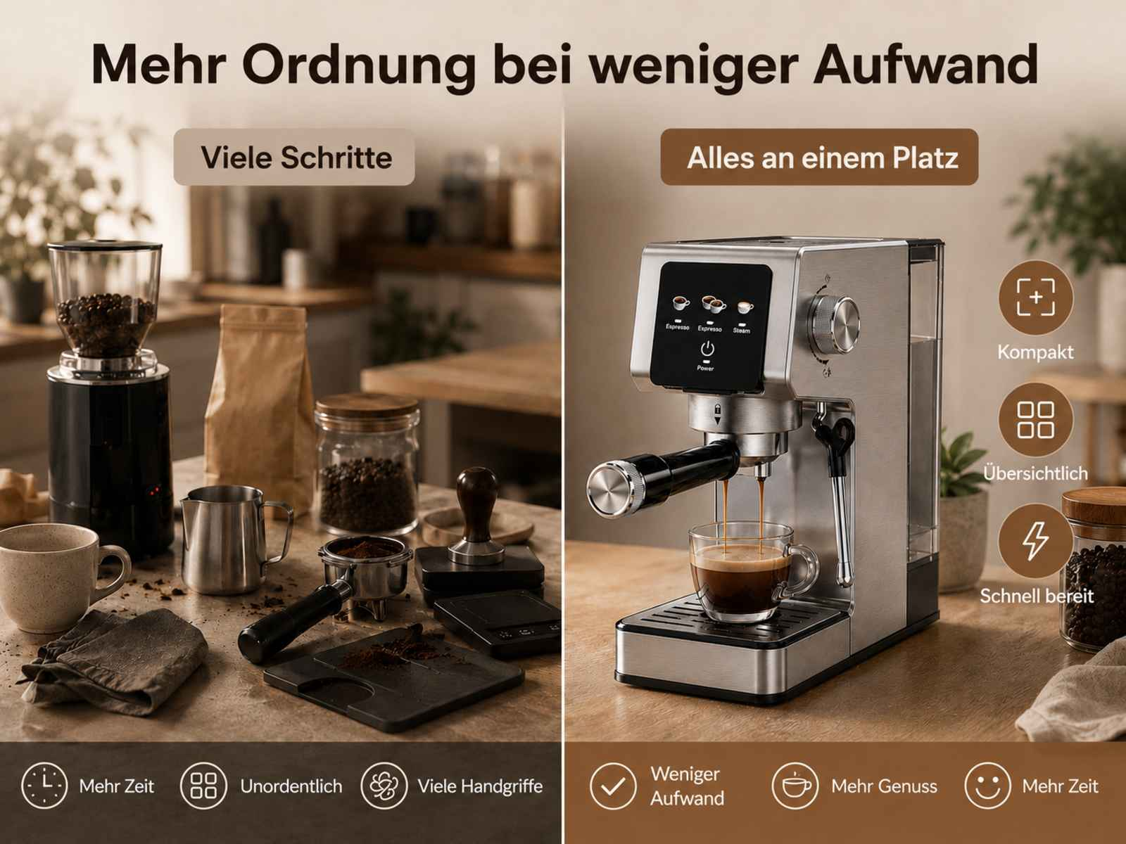 Kaffeemaschine zubereitet Espresso in Tasse, neben Kaffeemühle und Zubehör.