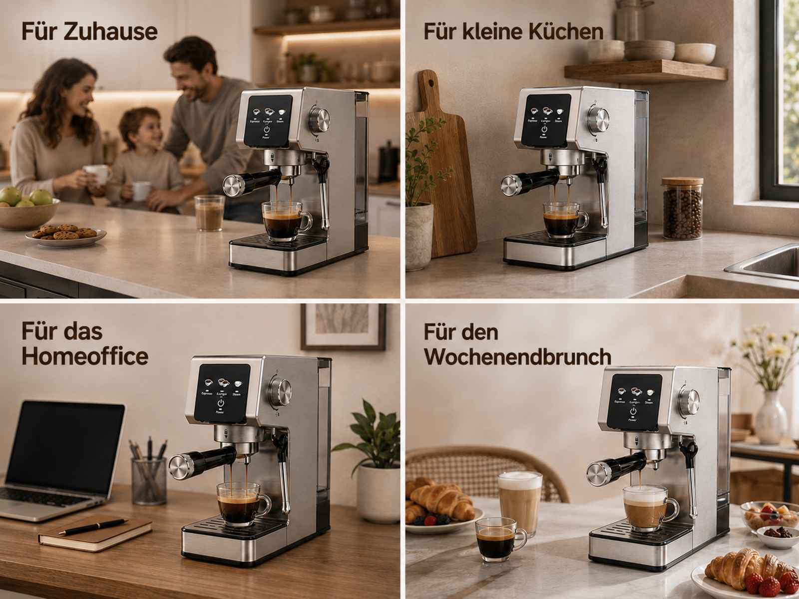 Collage aus vier Bildern, die eine Kaffeemaschine in verschiedenen Umgebungen zeigen: Familie, kleine Küche, Homeoffice und Brunch.