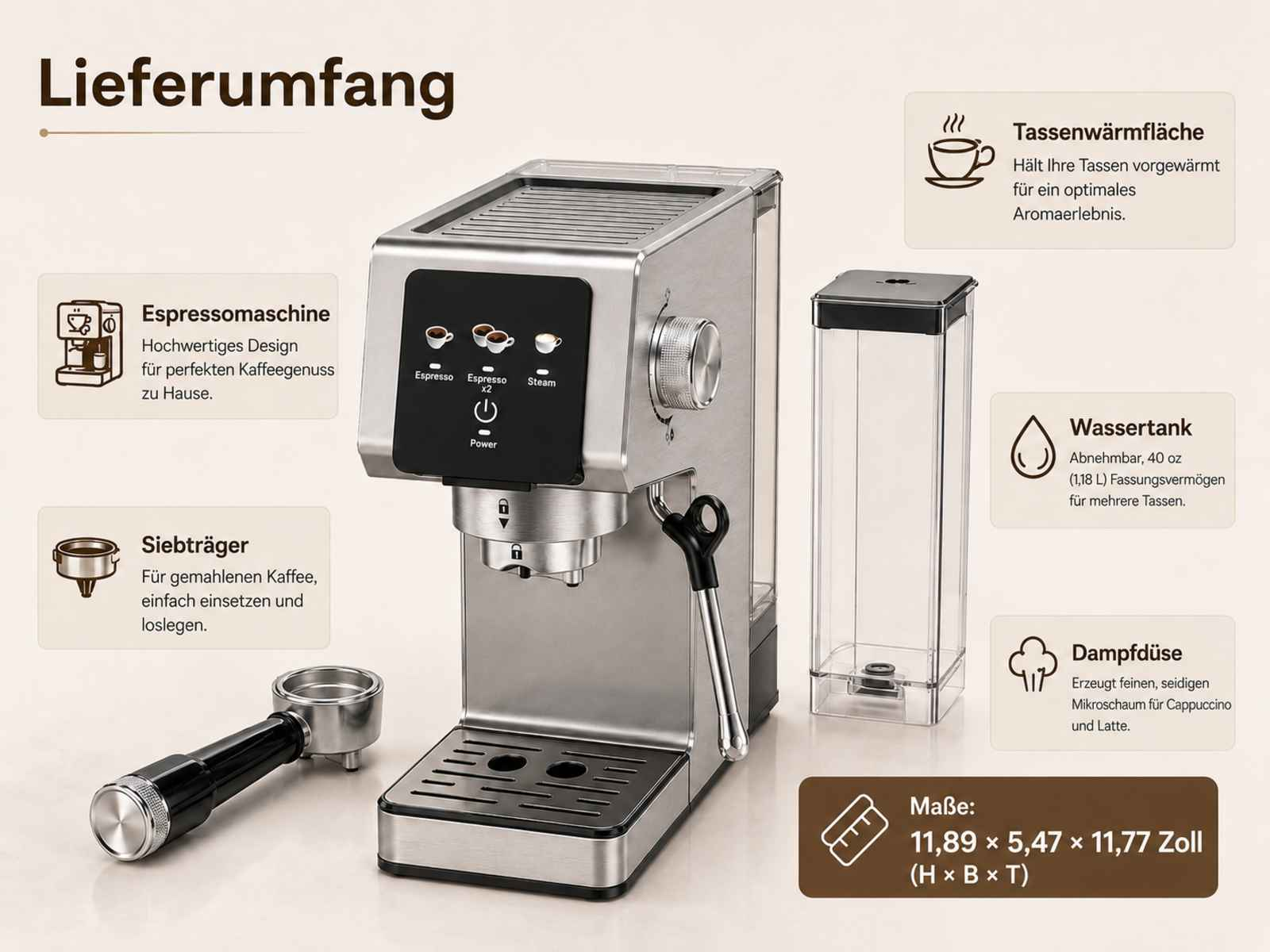 Eine silberne Espressomaschine mit Wassertank, Siebträger und Bedienelementen.