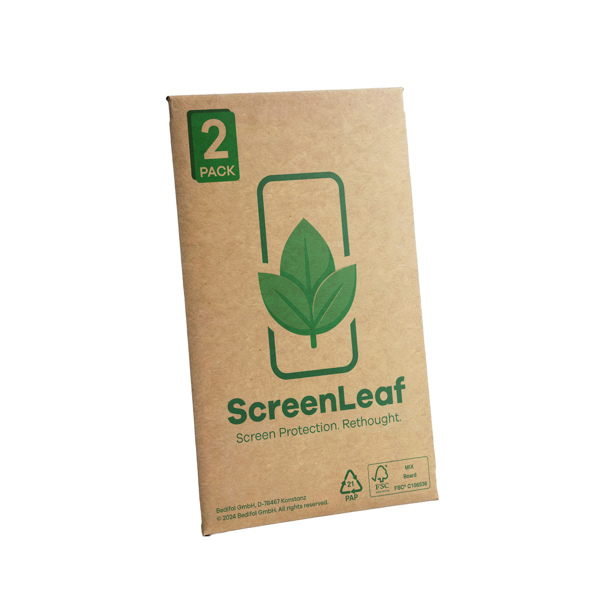 Eine Packung mit zwei ScreenLeaf-Schutzfolien mit Blattmotiv.