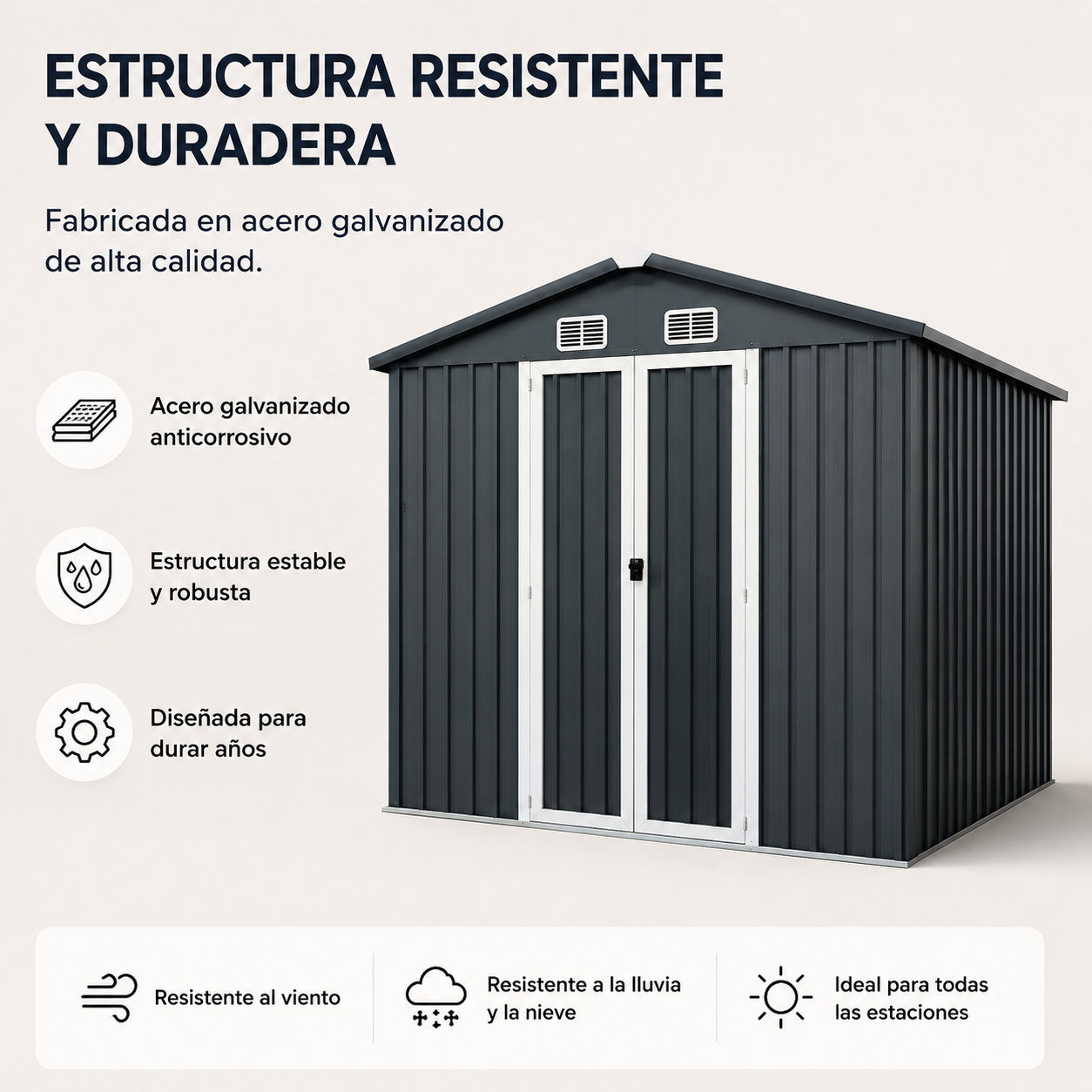 Cobertizo de jardín de metal gris oscuro con puertas dobles blancas y ventilaciones.