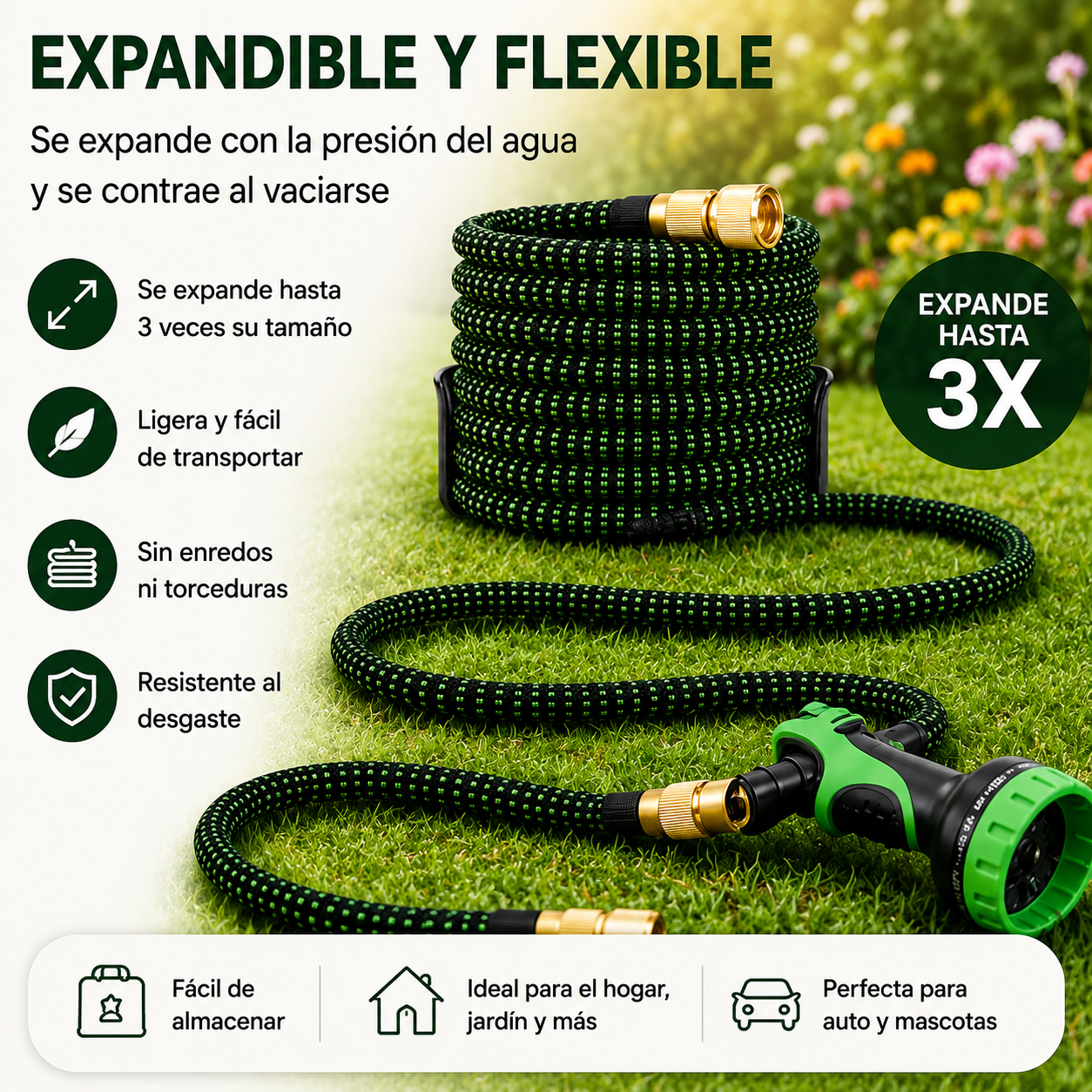 Manguera de jardín negra y verde sobre césped, se expande hasta 3x.