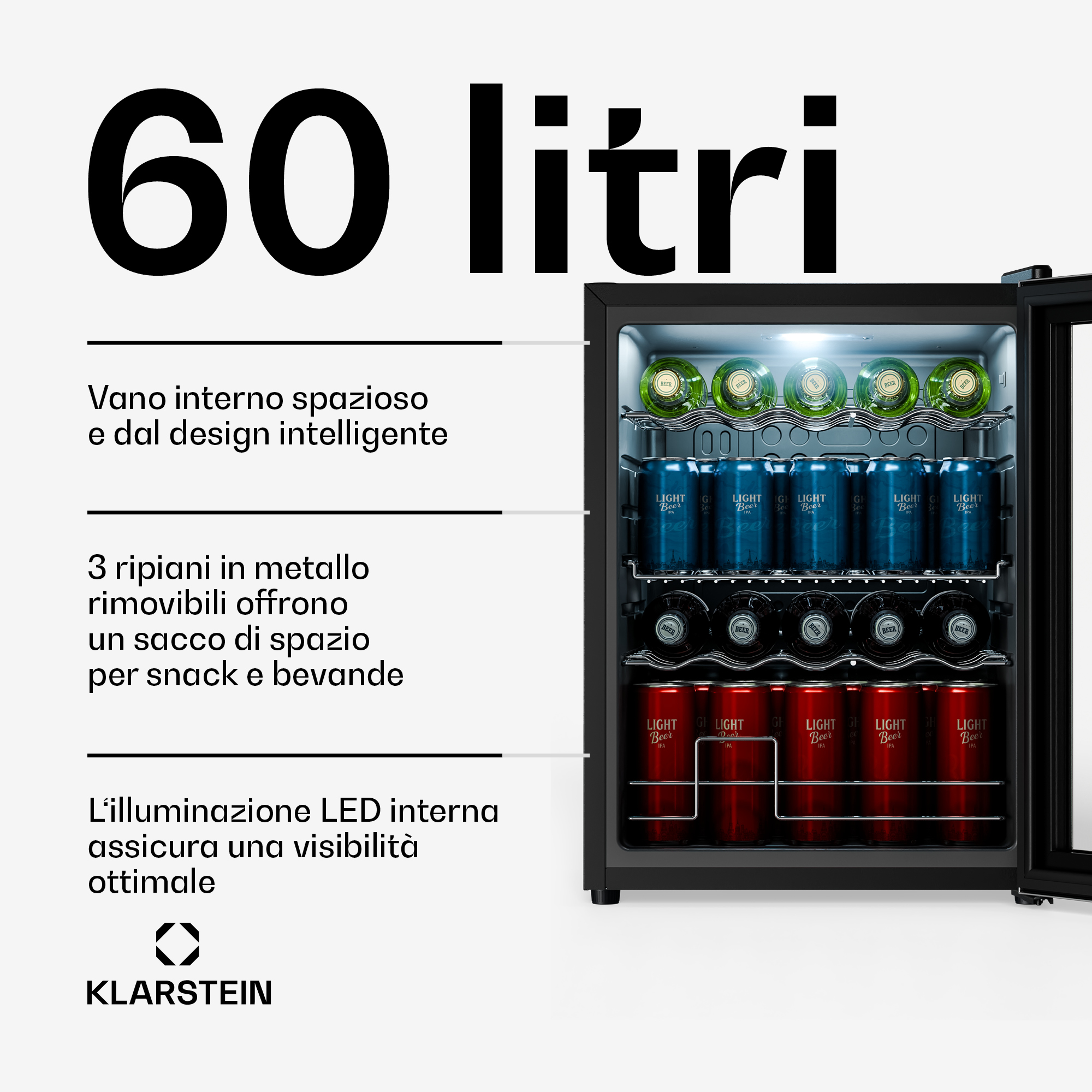Ein 60-Liter-Kühlschrank mit blauem und rotem Bier, grünen Flaschen oben.