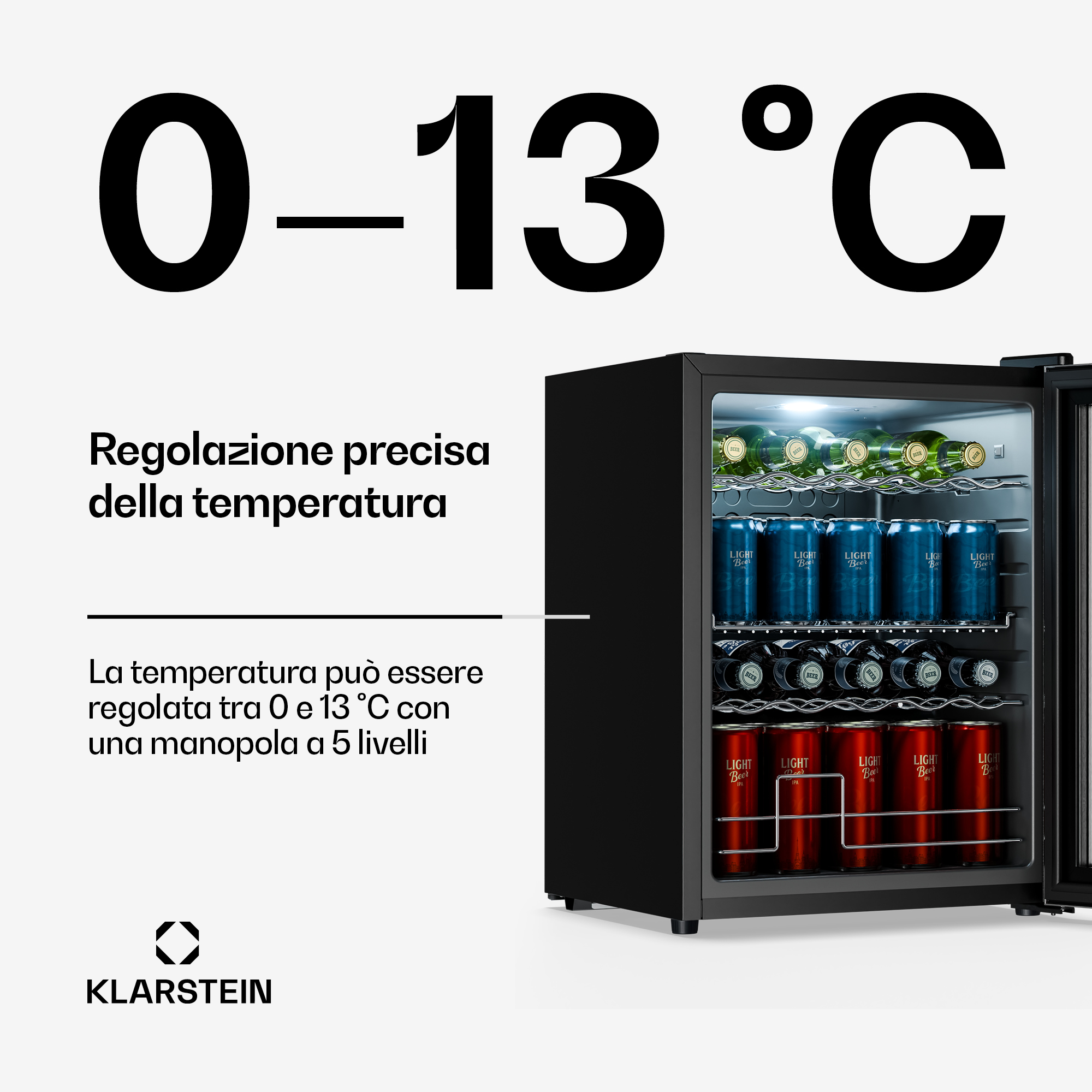Ein schwarzer Kühlschrank mit Flaschen und Dosen, Temperaturanzeige 0-13°C.
