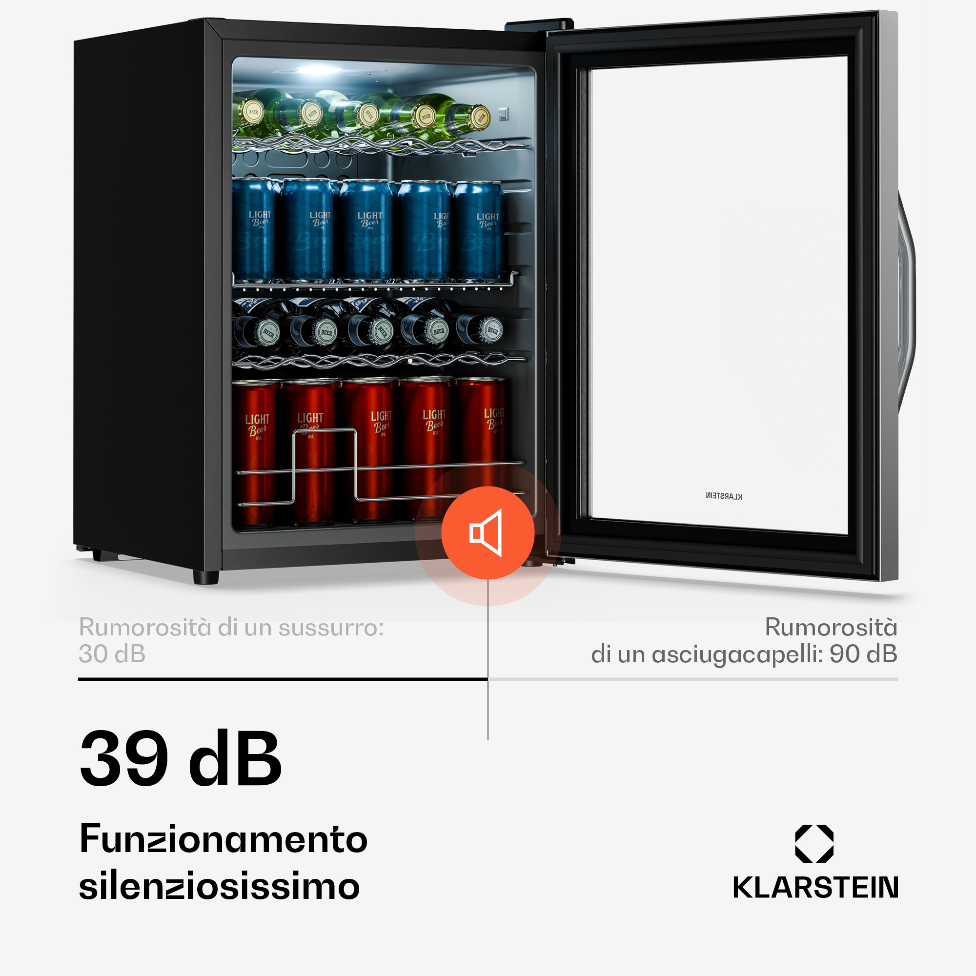 Ein schwarzer Kühlschrank mit Glashaube, gefüllt mit Bierflaschen und Dosen.