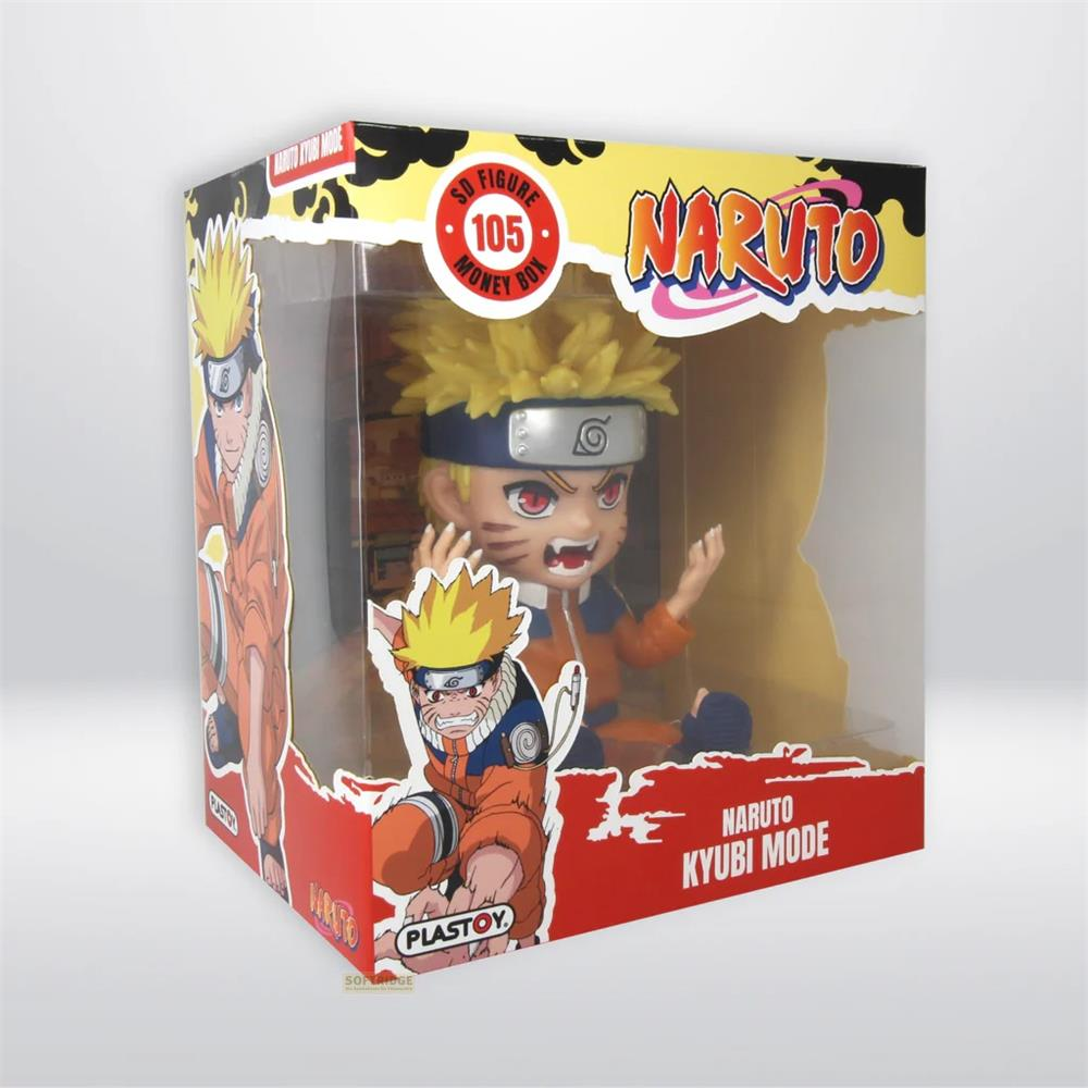 Figura de Naruto Kyubi Mode en caja "Money Box". Pelo amarillo, ropa naranja.