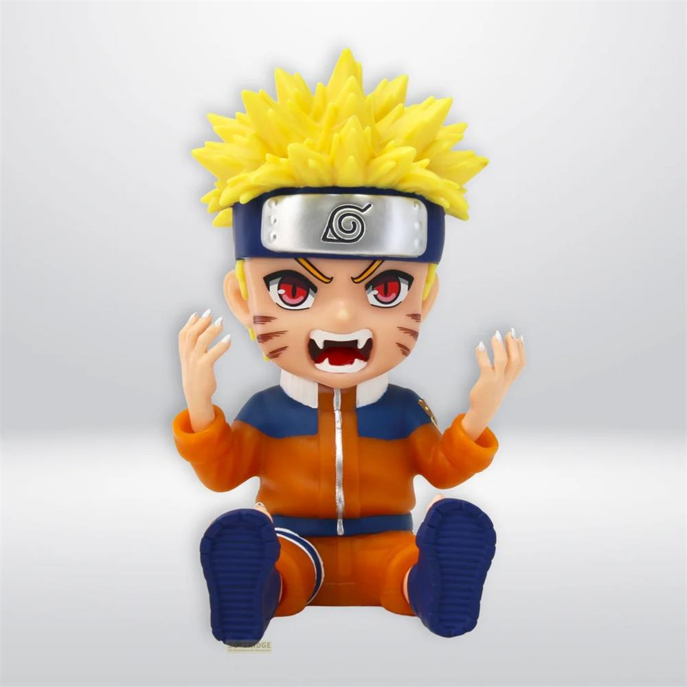 Figura chibi de Naruto con pelo amarillo puntiagudo, ojos rojos, traje naranja/azul.