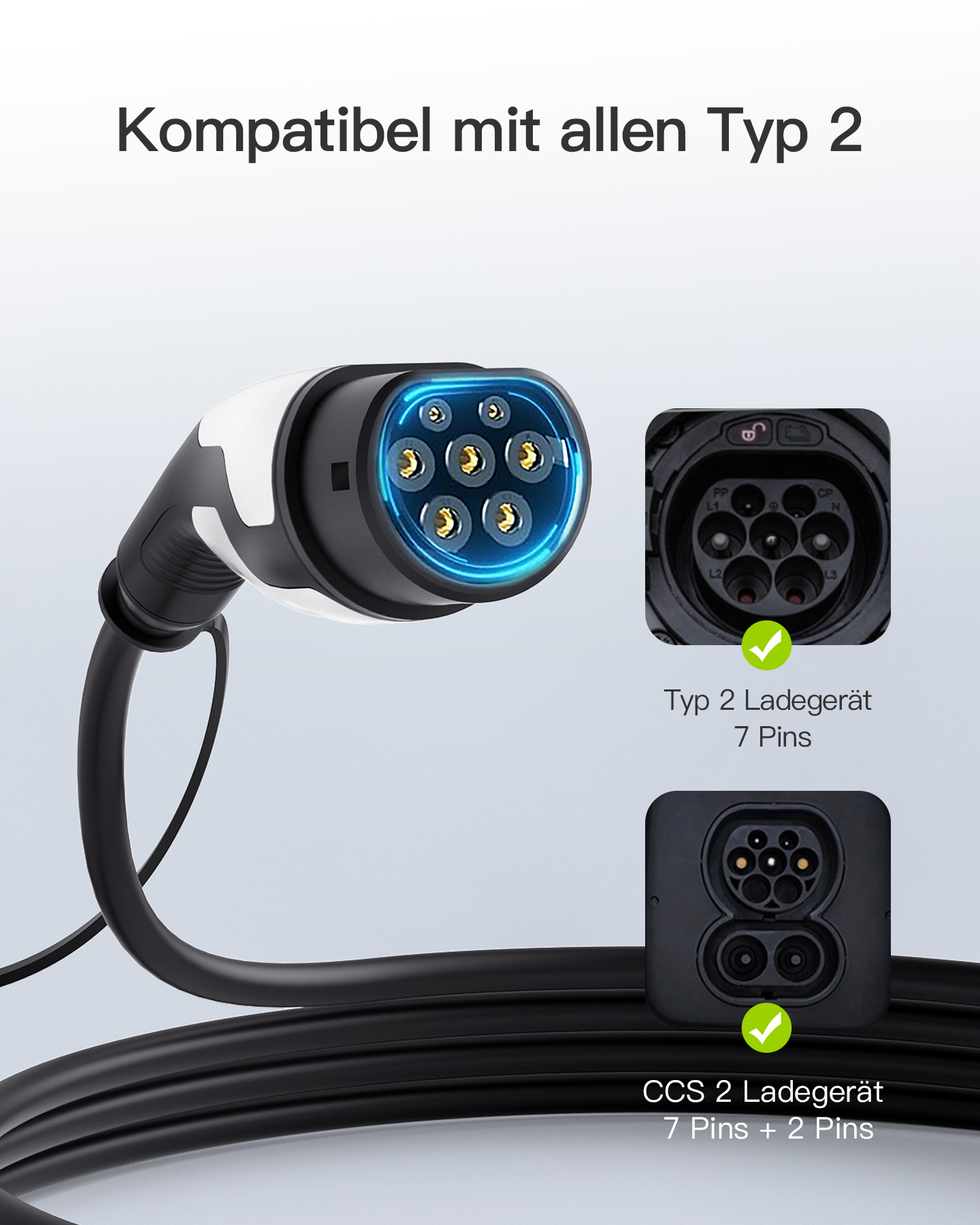 Ein Typ 2 Stecker mit blauem Leuchten, daneben Typ 2 und CCS 2 Ladeanschlüsse.