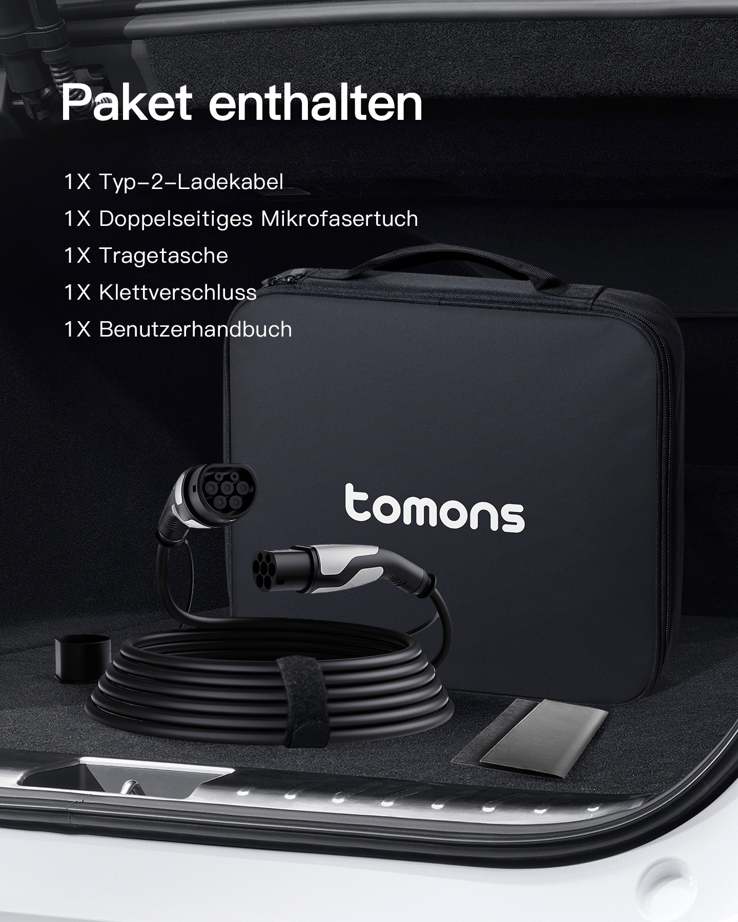 Ein schwarzes Ladekabel mit zwei Steckern, einer Tasche, Tuch und Handbuch.