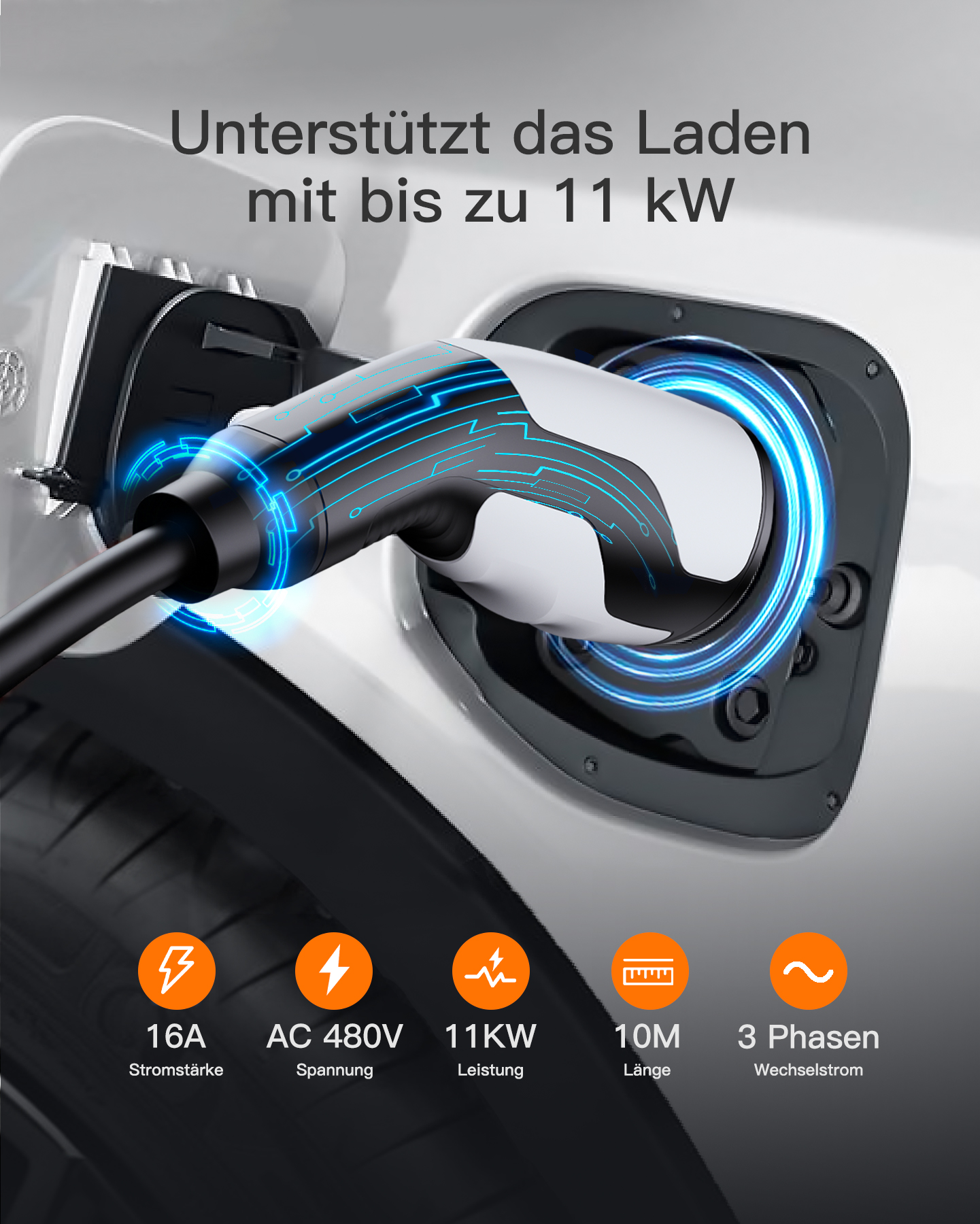 Elektroauto-Ladezieger an einem Auto angeschlossen, zeigt 16A, 480V, 11KW, 10M, 3 Phasen.