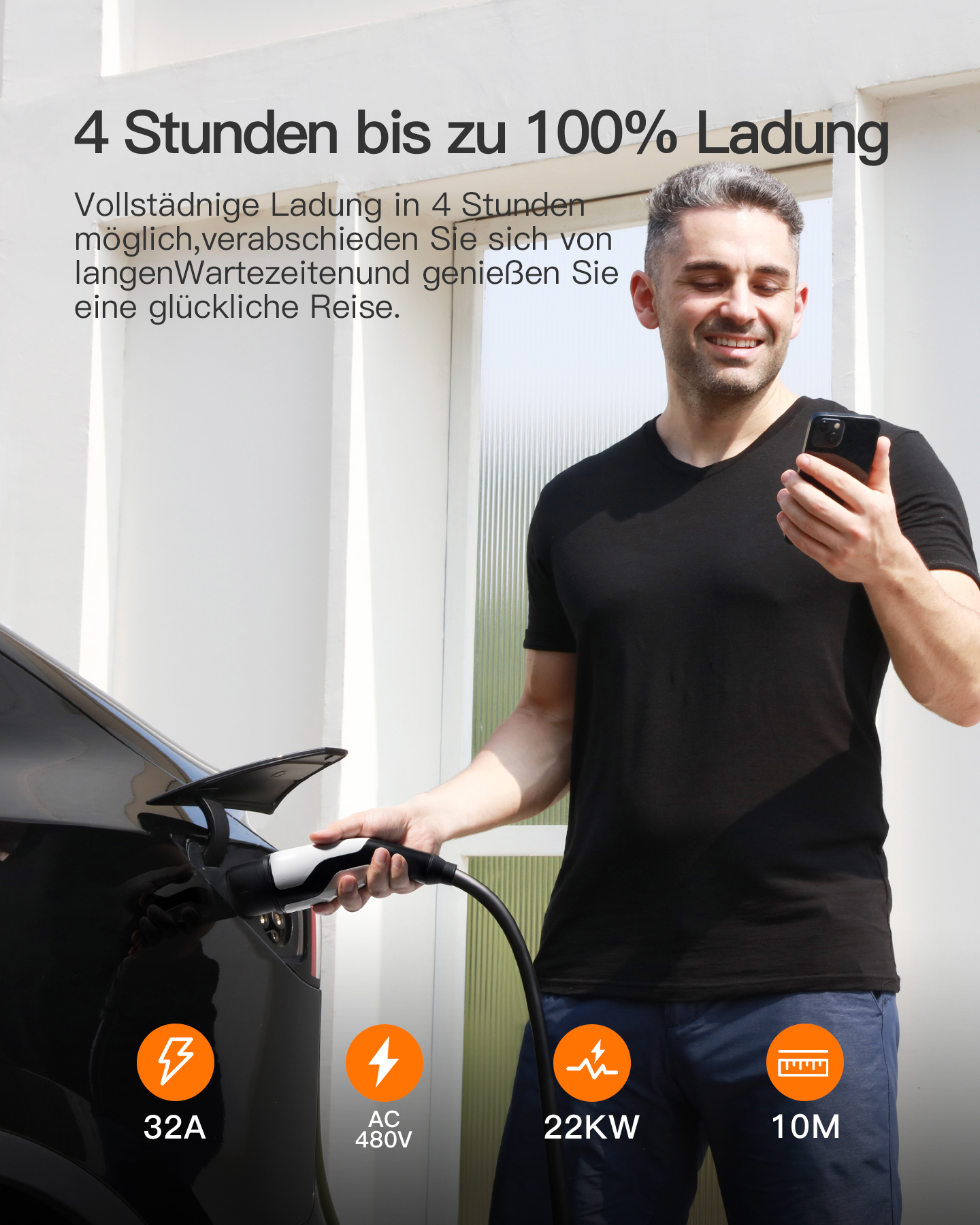 Mann lädt E-Auto; Anzeige 32A, AC 480V, 22KW, 10M.