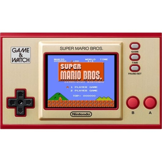 Un dispositivo Game & Watch que muestra Super Mario Bros. con botones.