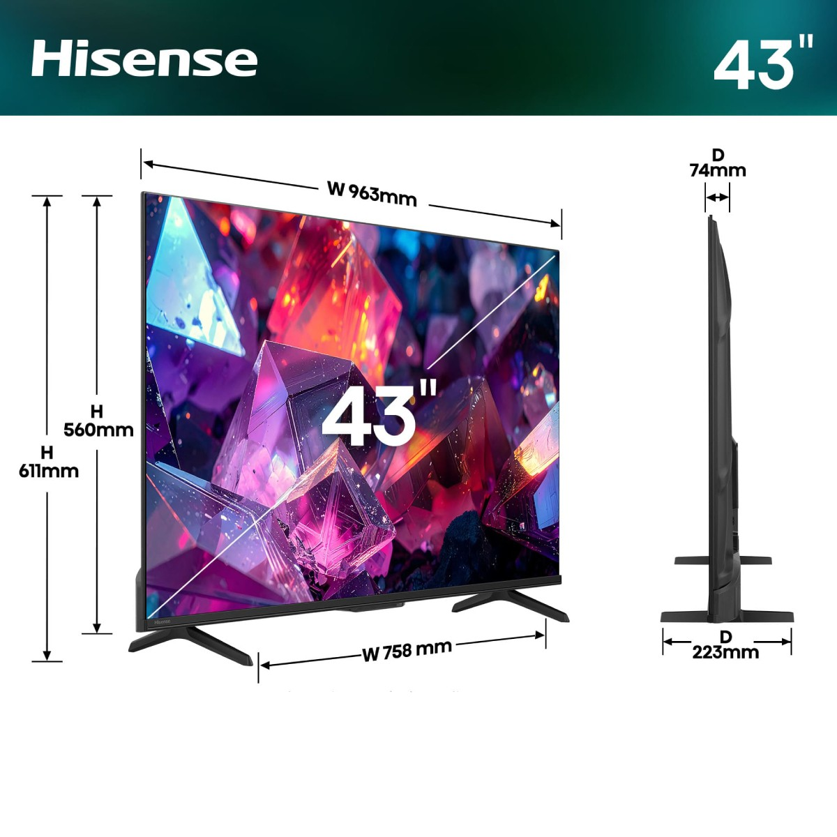 Hisense 43" Fernseher mit Maßen: B 963mm, H 611mm, T 74mm.