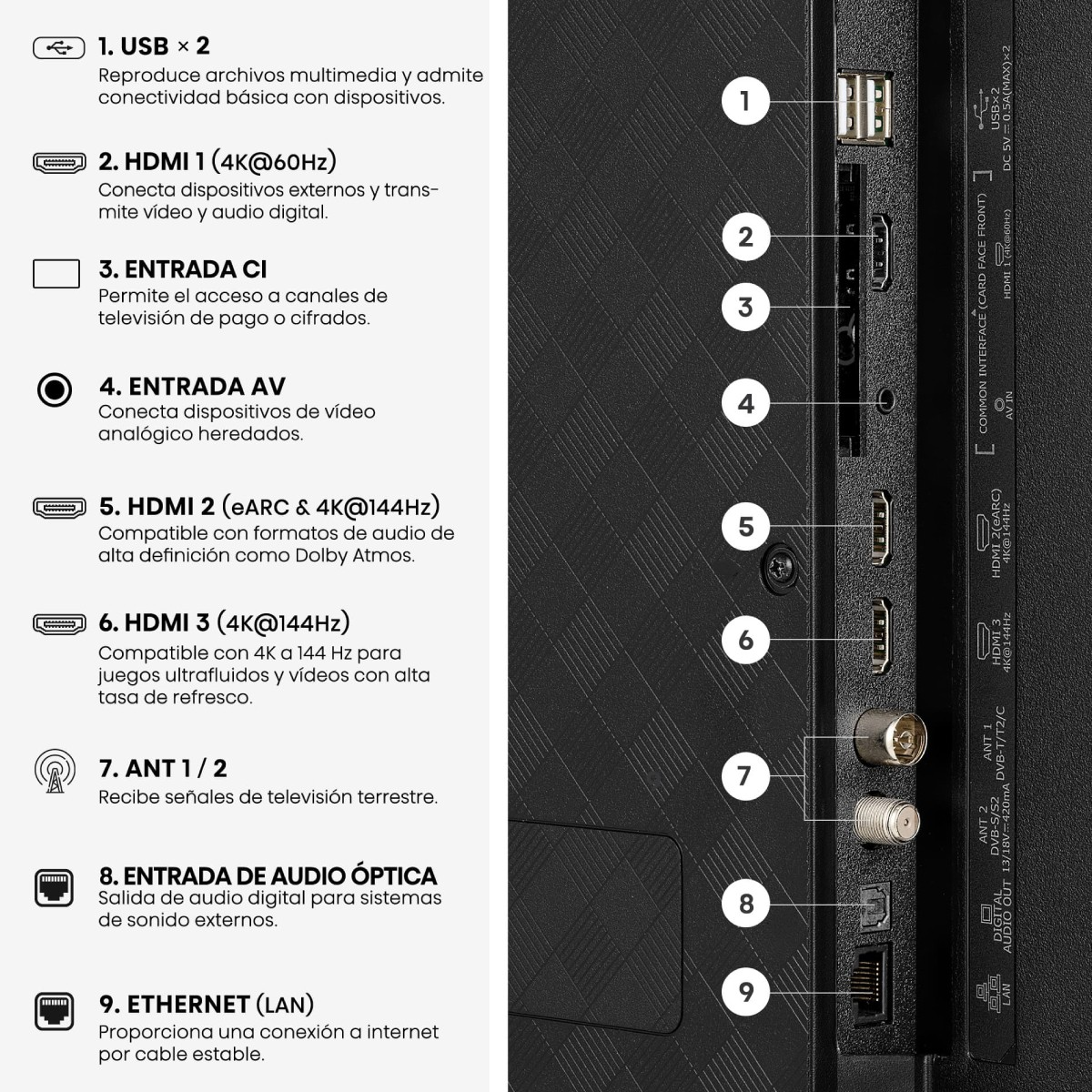 Anschlussübersicht: USB, HDMI, CI, AV, Antenne, optischer Audioausgang und Ethernet.