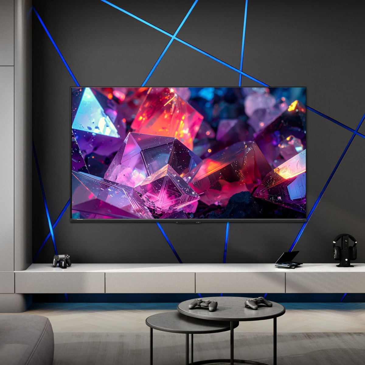 Ein moderner Wohnzimmer mit einem großen Fernseher, der Kristalle zeigt.