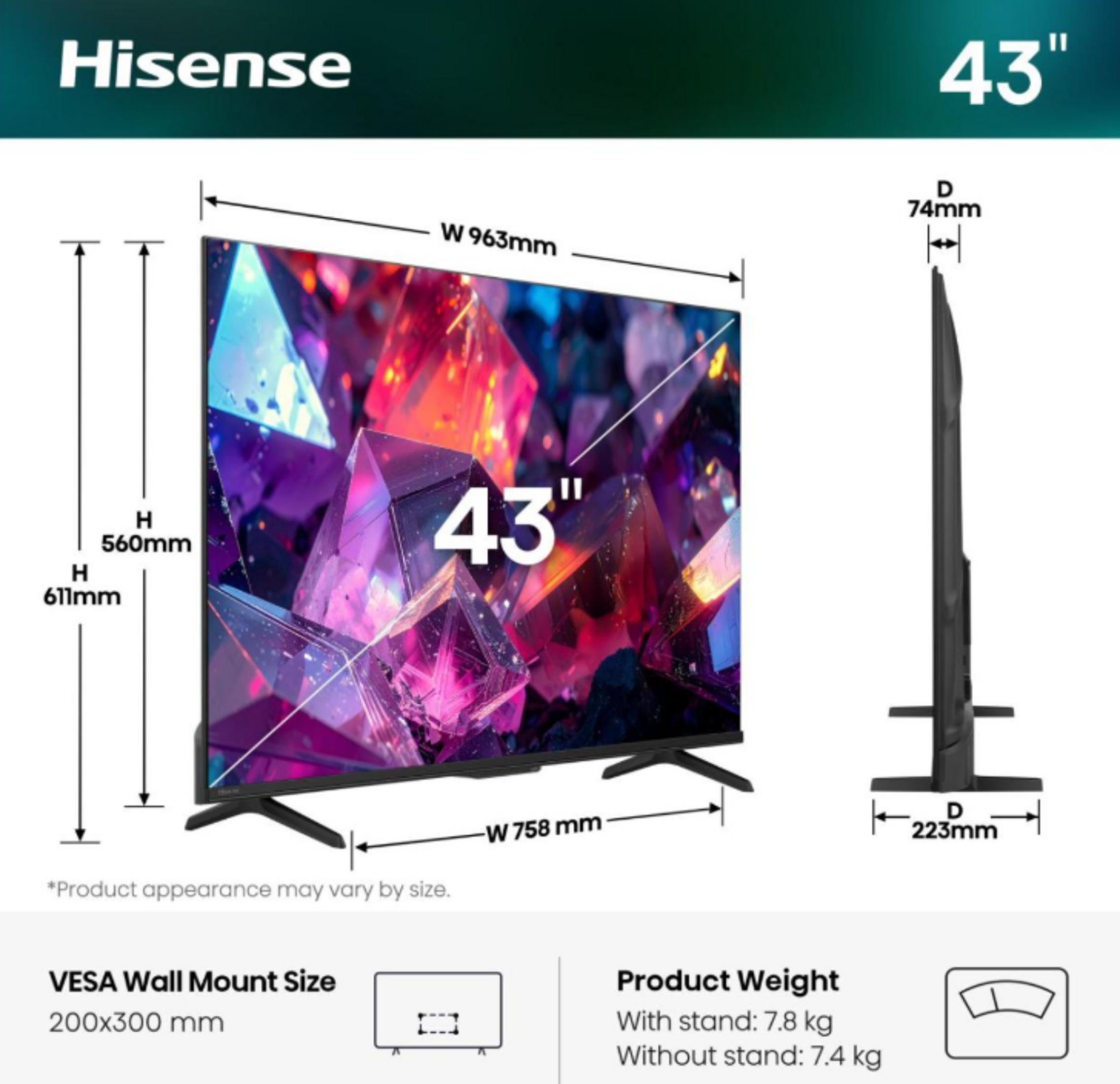 Ein 43-Zoll-Hisense-Fernseher mit Standfüßen und Maßangaben.
