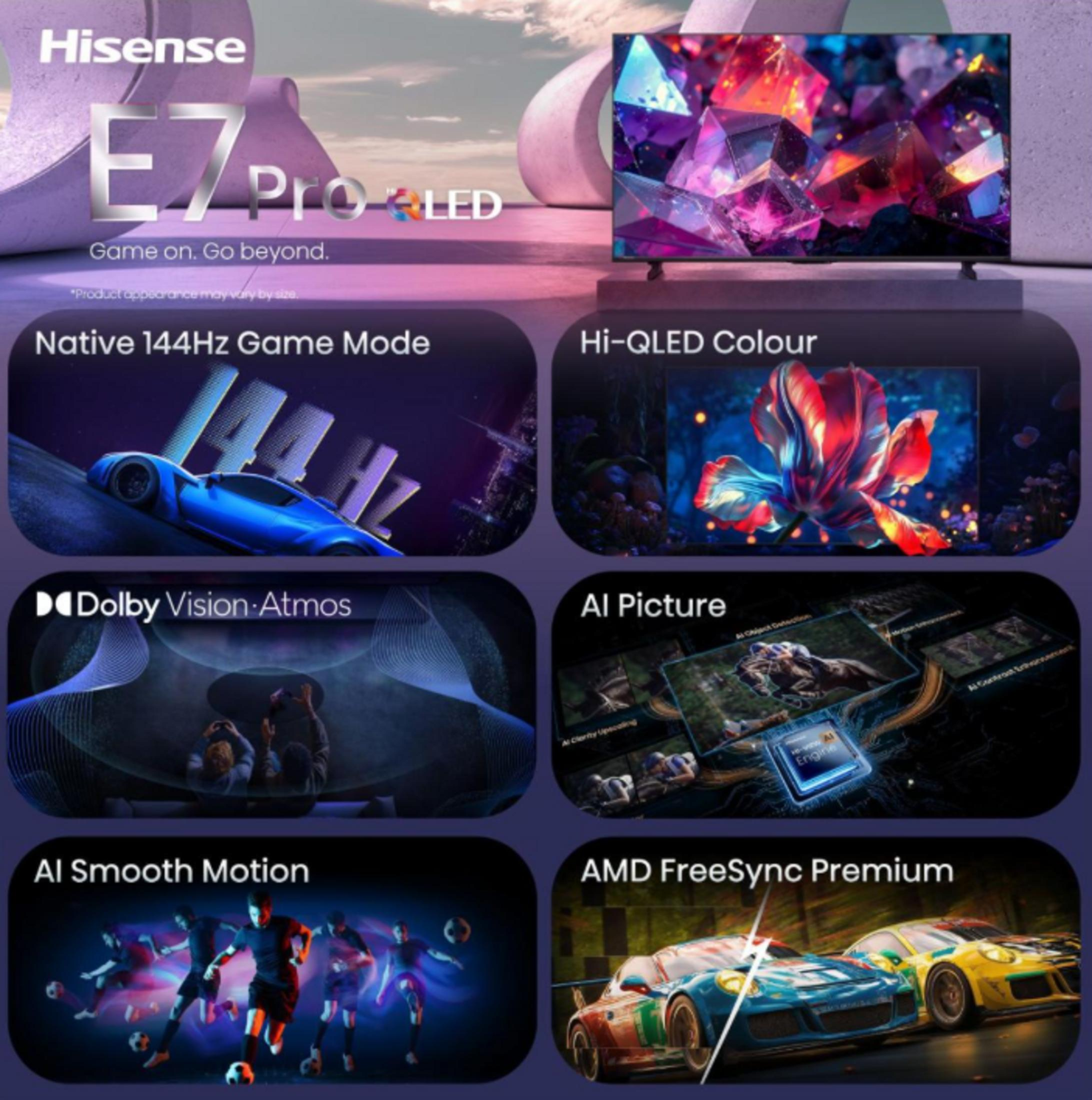 Hisense E7 Pro QLED TV mit Spielen, Fußball und Autos.