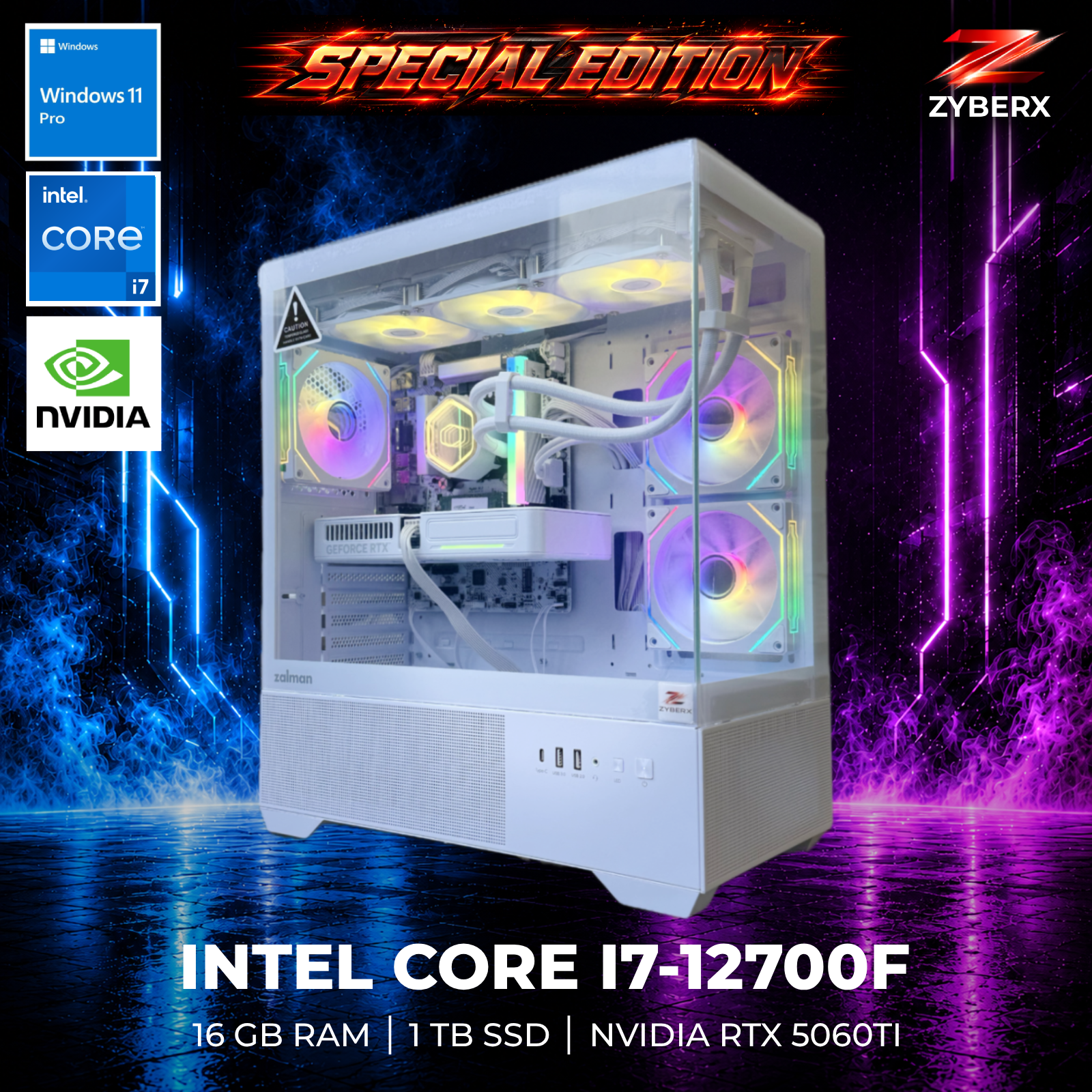 Ein weißer PC mit RGB-Lüftern, Intel Core i7 und RTX 5060 Ti.