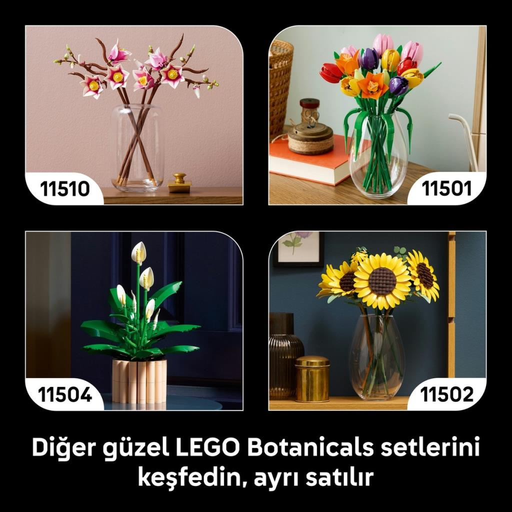 Pembe orkideler, renkli laleler, barış zambağı ve ayçiçeklerini gösteren dört farklı LEGO botanik setinin kolajı.
