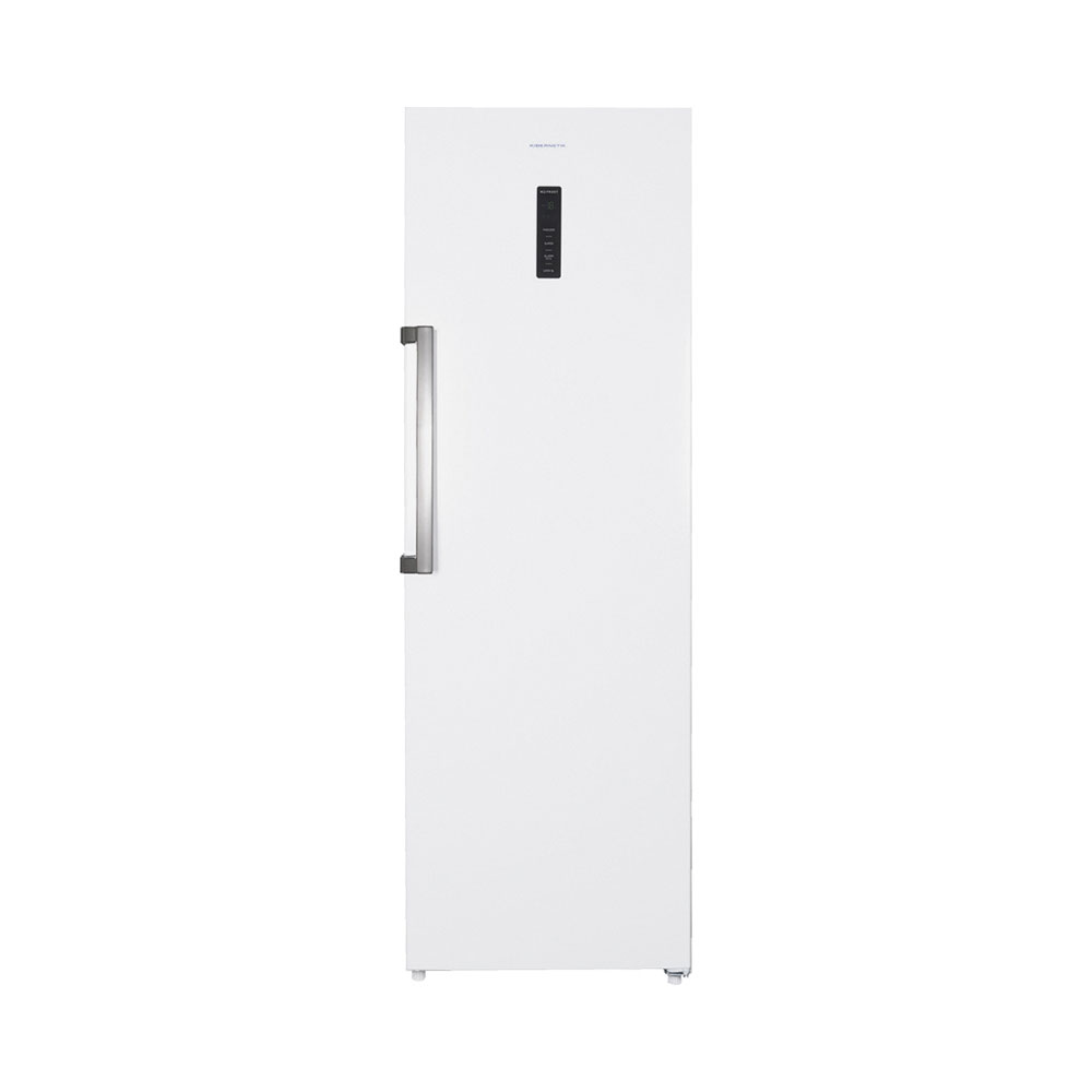 Ein schlanker, weißer Kühlschrank mit silbernem Griff und digitalem Display.
