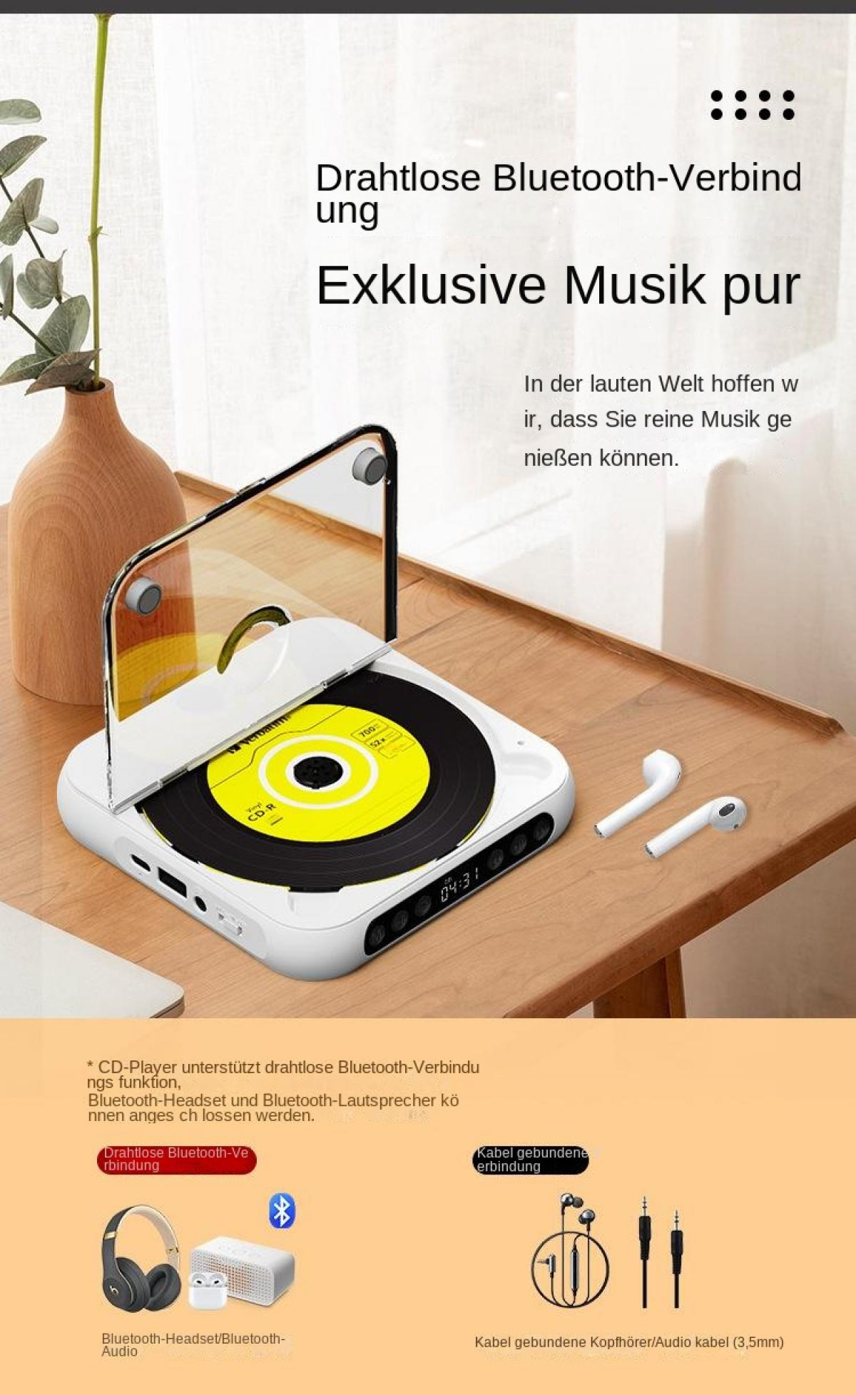 Weißer CD-Player mit geöffnetem Deckel, CD mit gelbem Etikett. Daneben Kopfhörer und ein Lautsprecher.
