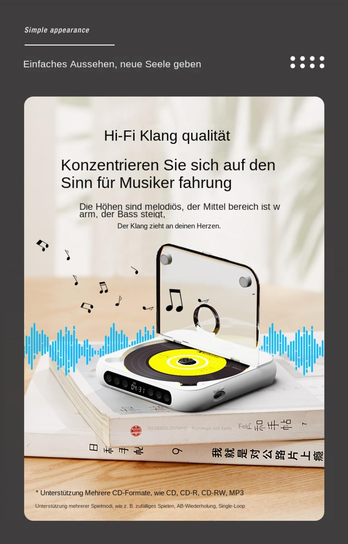 Ein tragbarer CD-Player mit Vinyl-Optik, Musiknoten und Equalizer-Grafik.