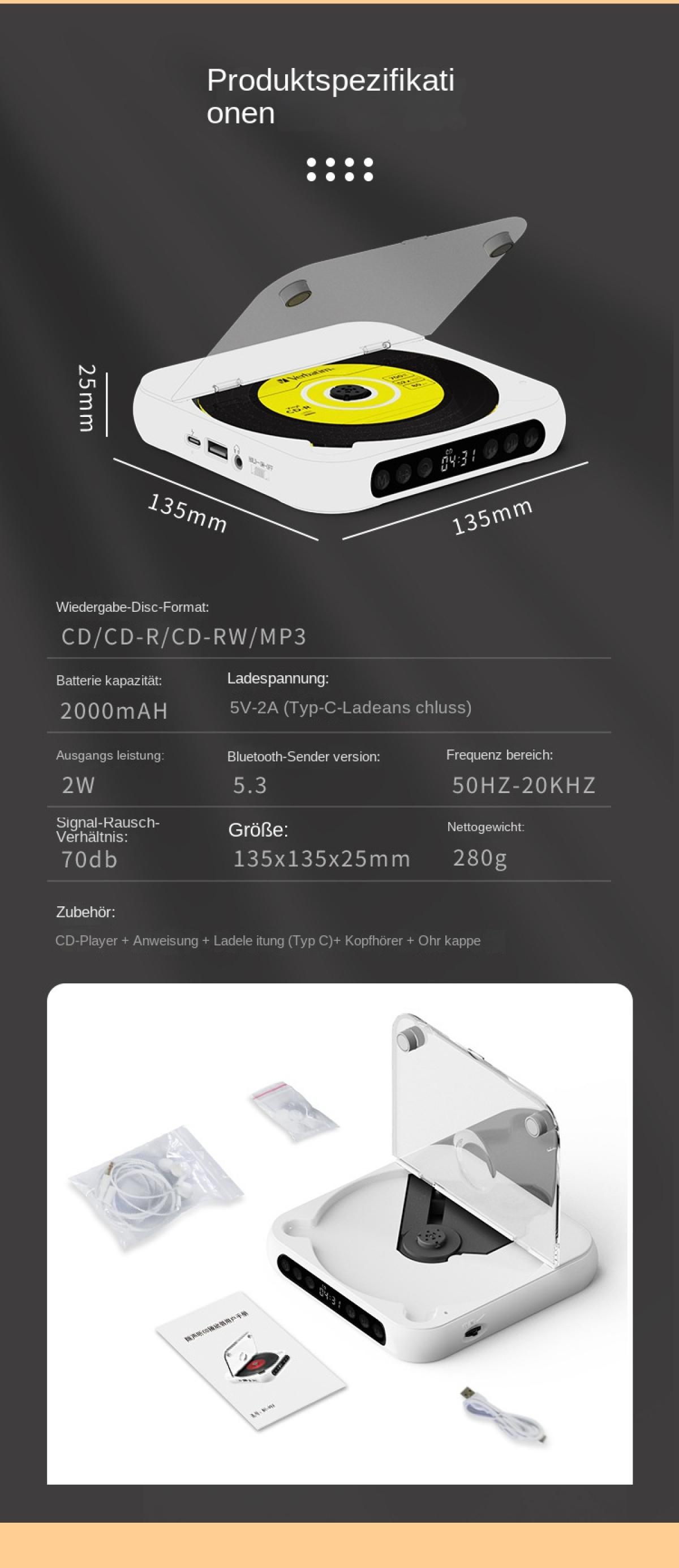 Weier tragbarer CD-Player mit Zubehör, Spezifikationen.