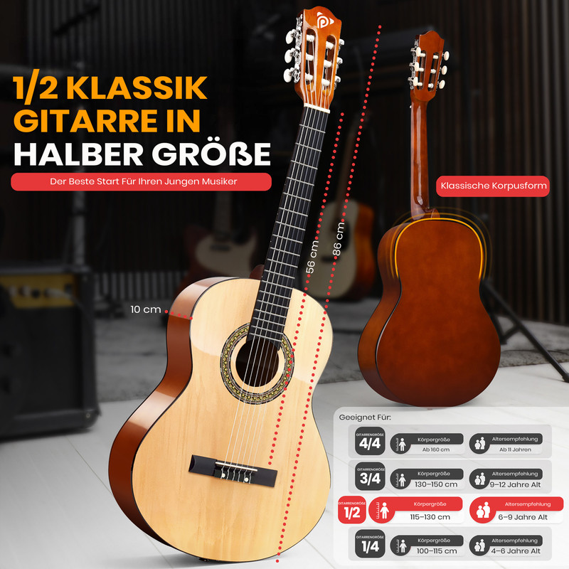Eine helle 1/2 Klassik Gitarre mit Saiten und Stimmwirbeln, daneben eine dunkle Gitarre.