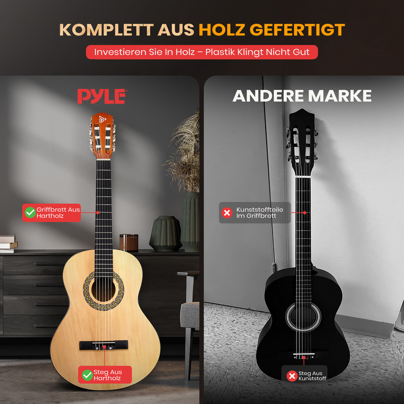 Zwei Gitarren im Vergleich: Links eine holzfarbene Pyle-Gitarre, rechts eine schwarze Gitarre.