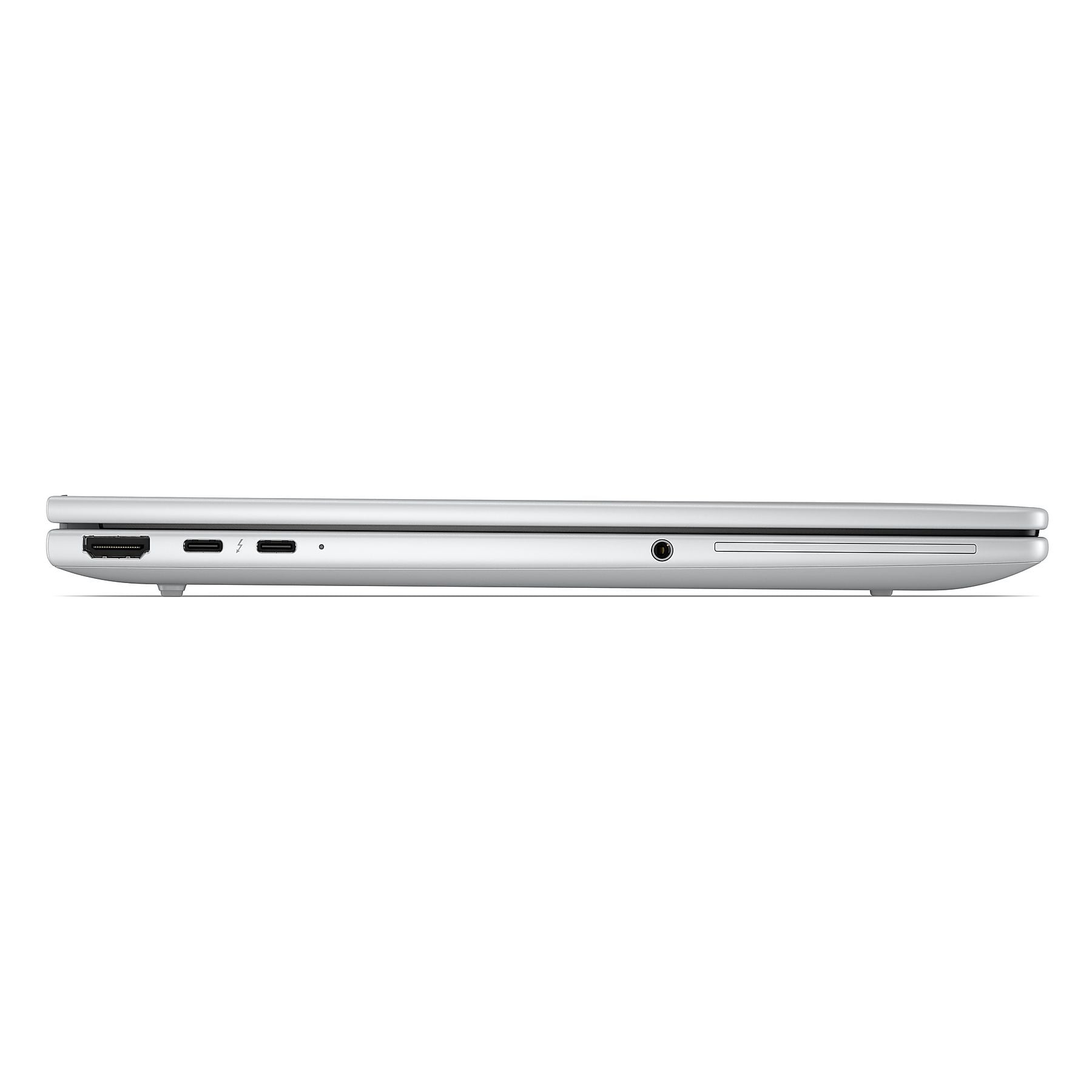 Bordo laptop argento con porte: HDMI, 2x USB-C, jack cuffie.