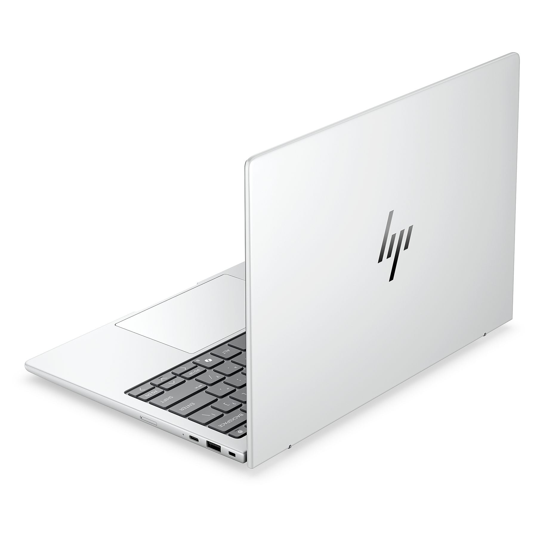 Un laptop argentato con tastiera nera e logo HP sul coperchio.