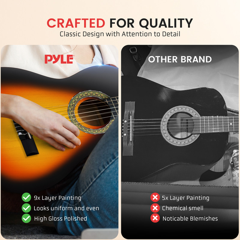 Vergleich von zwei Gitarren: Pyle mit 9-Schicht-Lackierung vs. Andere Marke mit 5-Schicht-Lackierung.