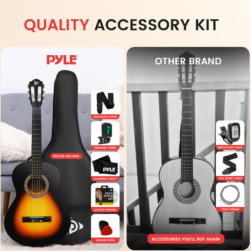 Zwei Gitarren: eine Pyle-Gitarre mit Zubehör und eine andere Gitarre mit Zubehör.