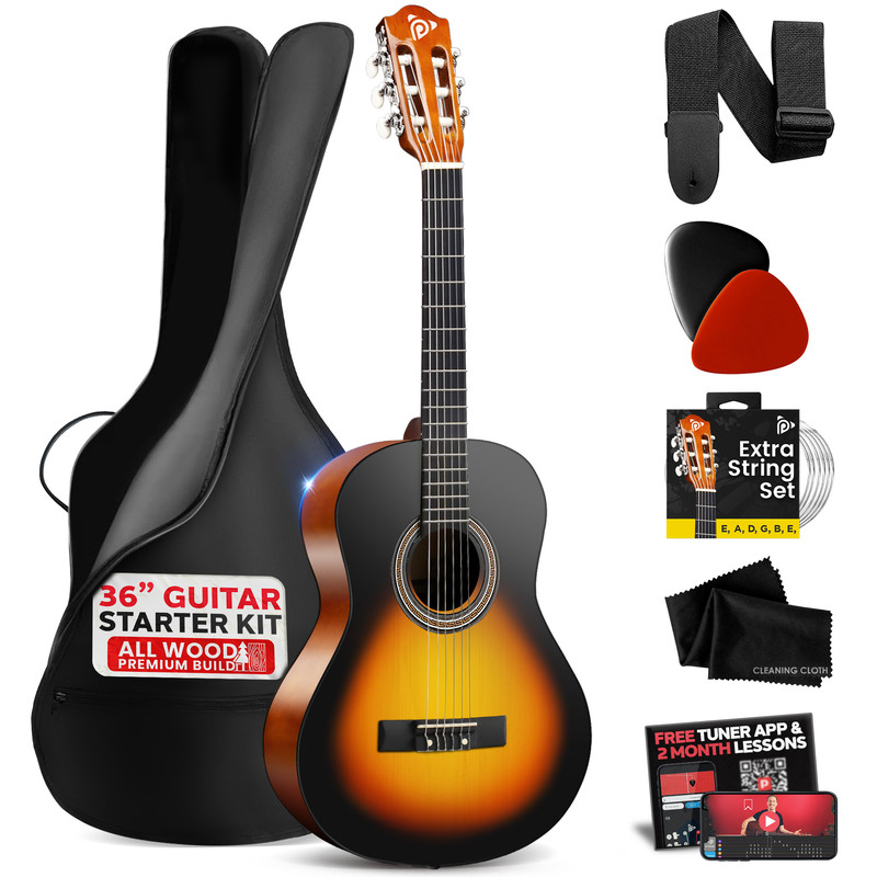 Ein 36-Zoll-Gitarren-Starter-Set mit Gitarre, Tasche, Gurt, Plektren, Saiten, Tuch und App-Infos.