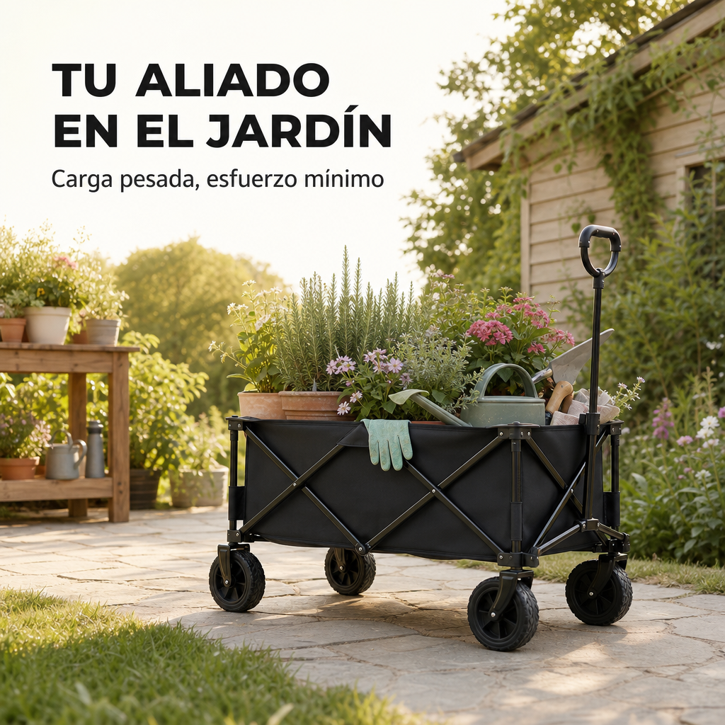 Un carro de jardín negro lleno de plantas y herramientas está en un camino.
