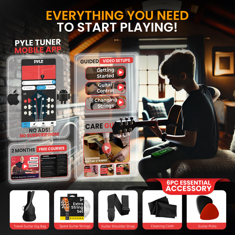 Illustration von Gitarrenlernressourcen: Tuner-App, Videolektionen, Zubehör.