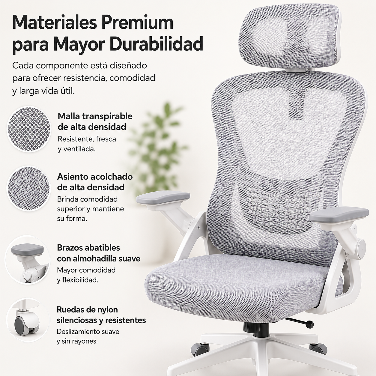 Silla de oficina ergonómica gris con respaldo de malla, brazos ajustables y ruedas.