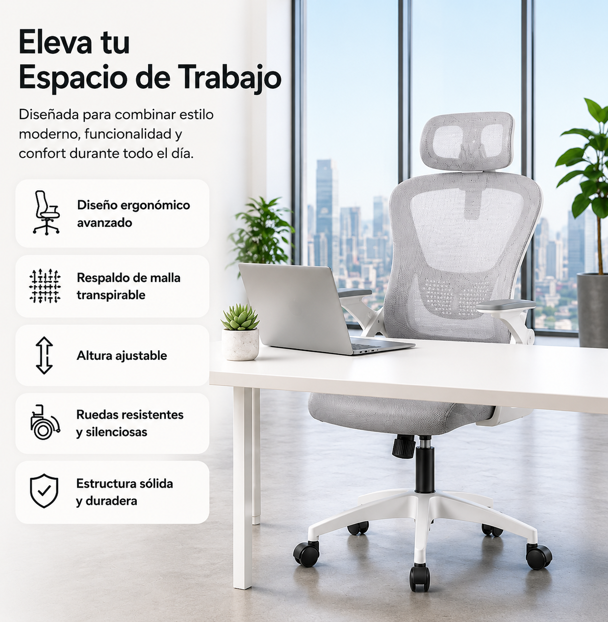 Una silla de oficina moderna con respaldo de malla y un portátil sobre un escritorio.
