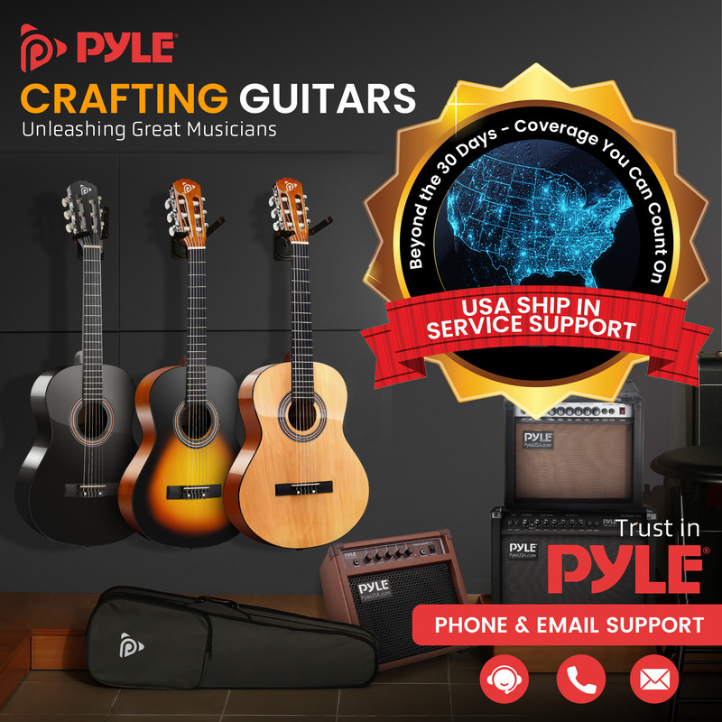 Drei Gitarren und Verstärker, mit "USA Ship in Service Support"-Abzeichen.