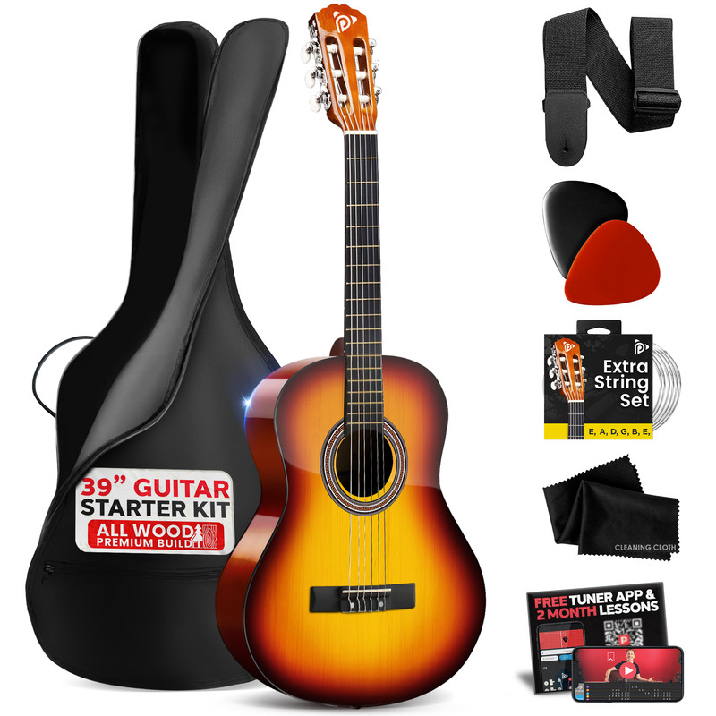 Ein 39" Gitarren-Starterset mit einer Sunburst-Gitarre, Tasche, Gurt, Plektren, Saiten, Tuch.