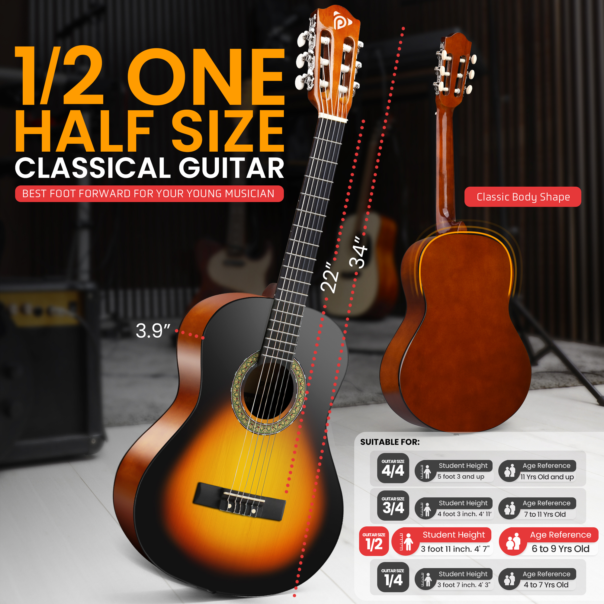 Ein klassisches Gitarrenmodell in halber Größe für junge Musiker mit Größenangaben.