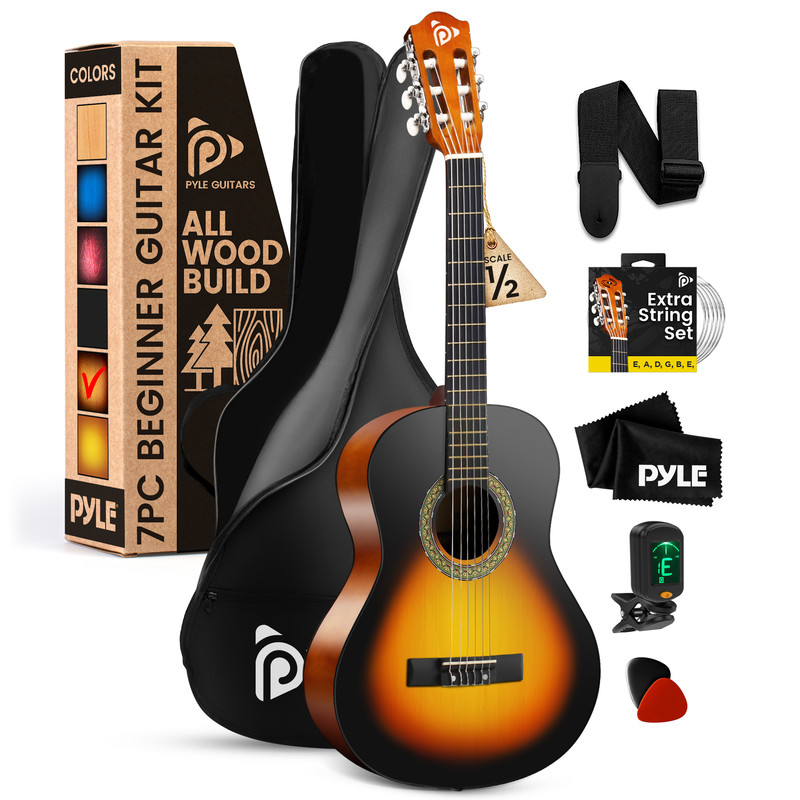 Ein Anfänger-Gitarrenset mit Gitarre, Tasche, Gurt, Saiten, Plektren und Stimmgerät.