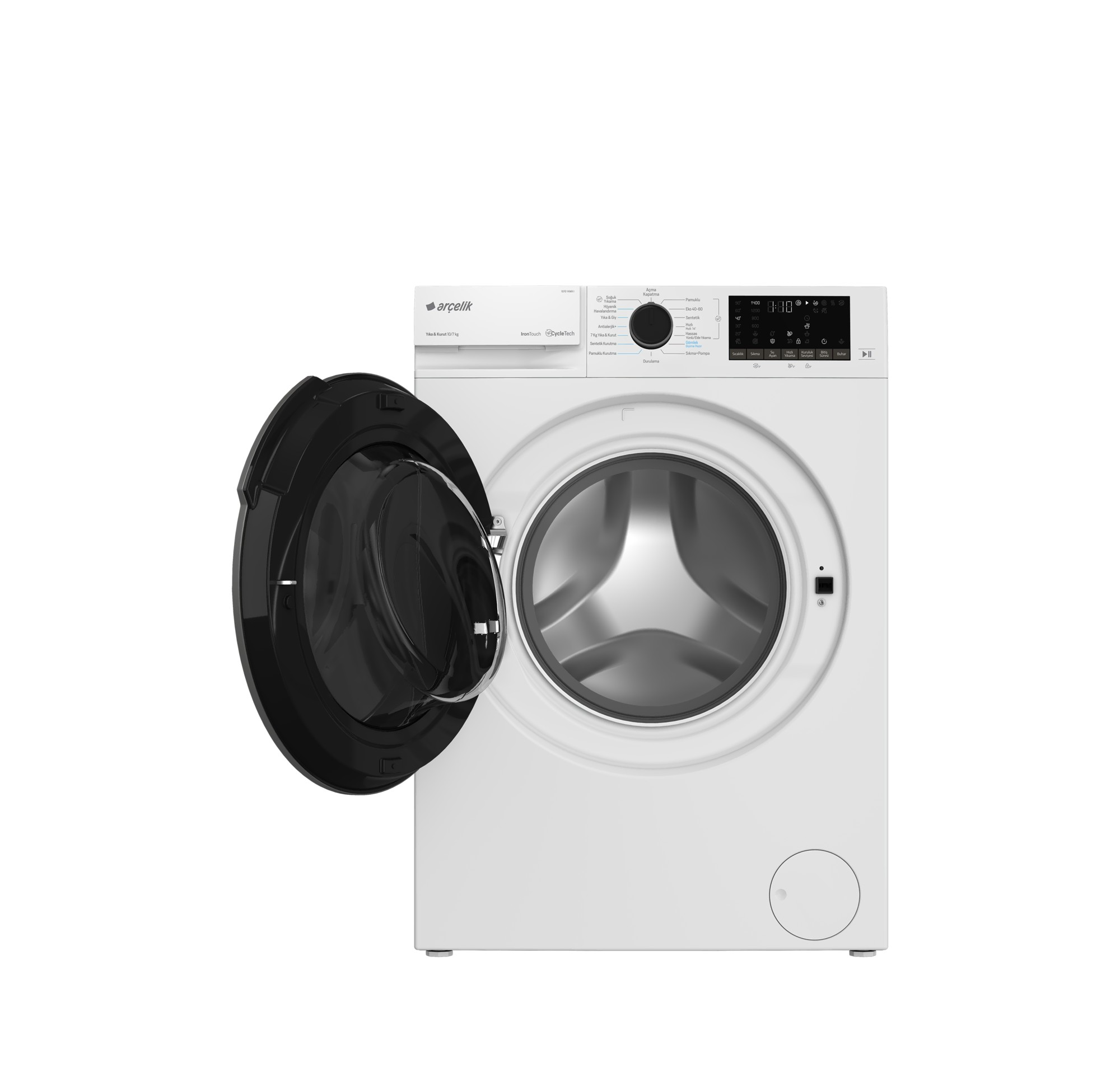 Kontrol paneli görünen, siyah kapağı açık beyaz çamaşır makinesi.