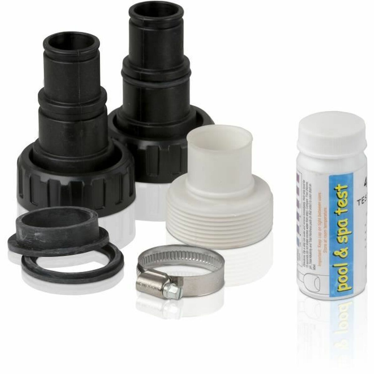 Dos accesorios negros y uno blanco para piscina, juntas y una abrazadera.