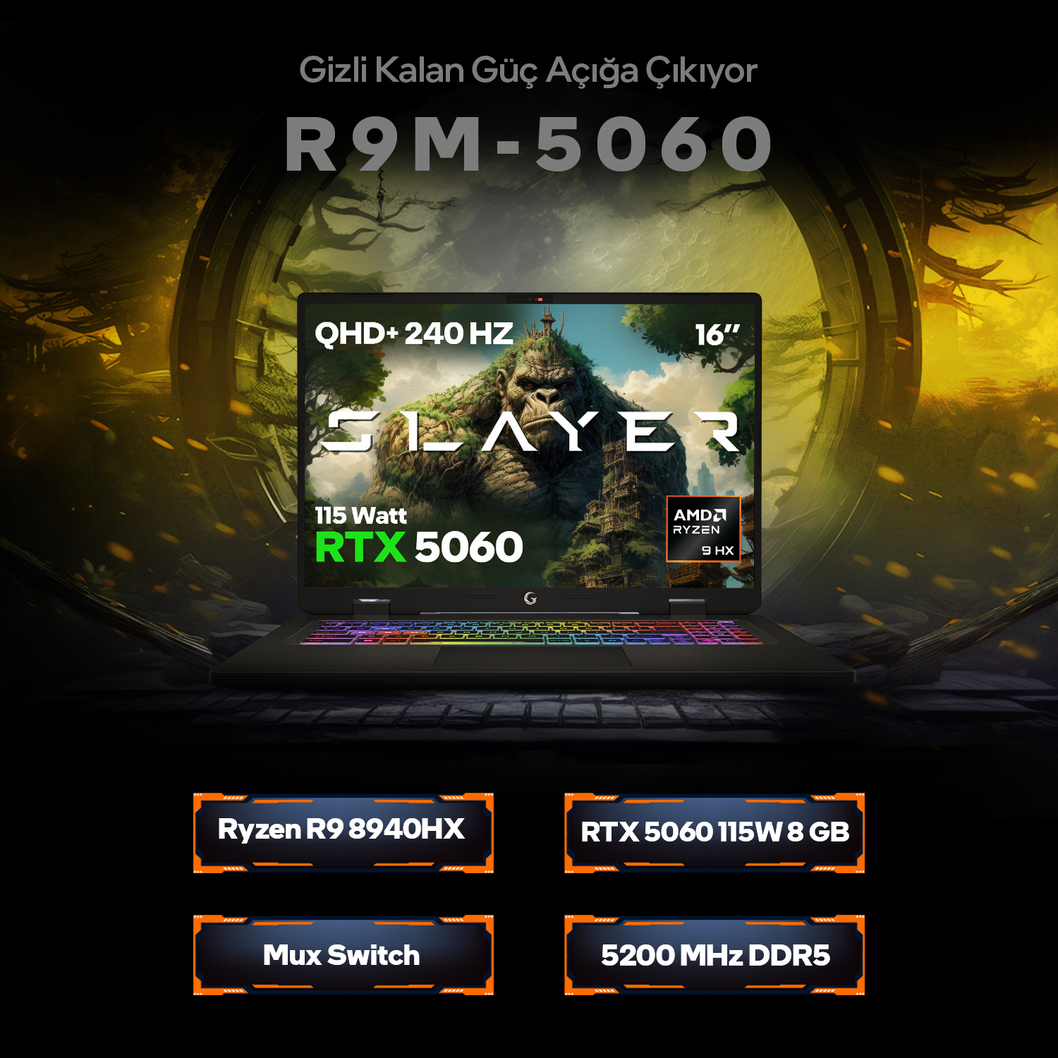 RTX 5060, 16 inç QHD 240Hz ekran ve arkadan aydınlatmalı klavyeli bir oyuncu dizüstü bilgisayarı.