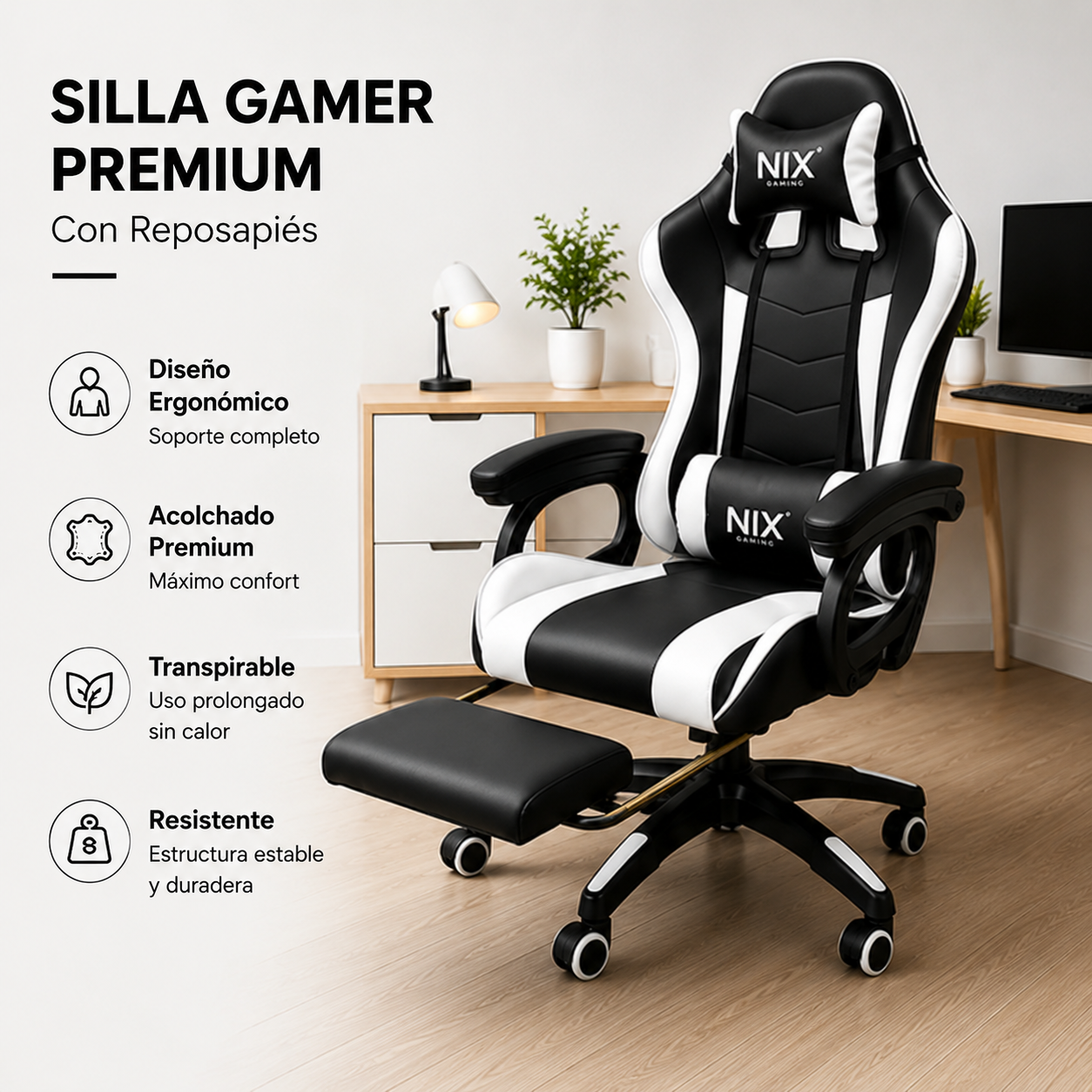 Silla gamer negra y blanca con reposapiés, ergonómica, acolchada, transpirable, duradera.